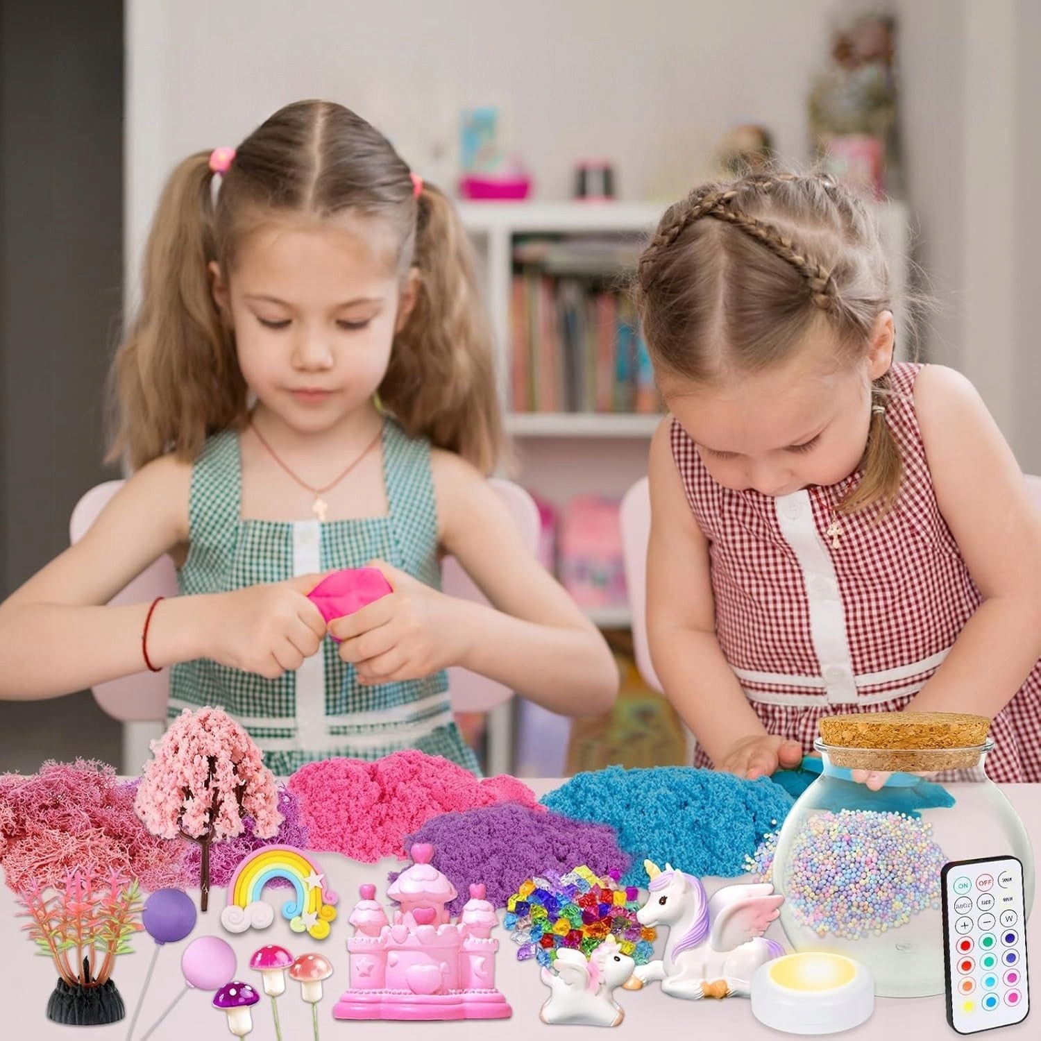 Jednorożec Zestaw Kreatywny Dziewczynki Lampka Nocna Piasek Kinetyczny DIY Kod producenta Prezent Dziewczynki 5 6 7 8 9 lat Terrarium