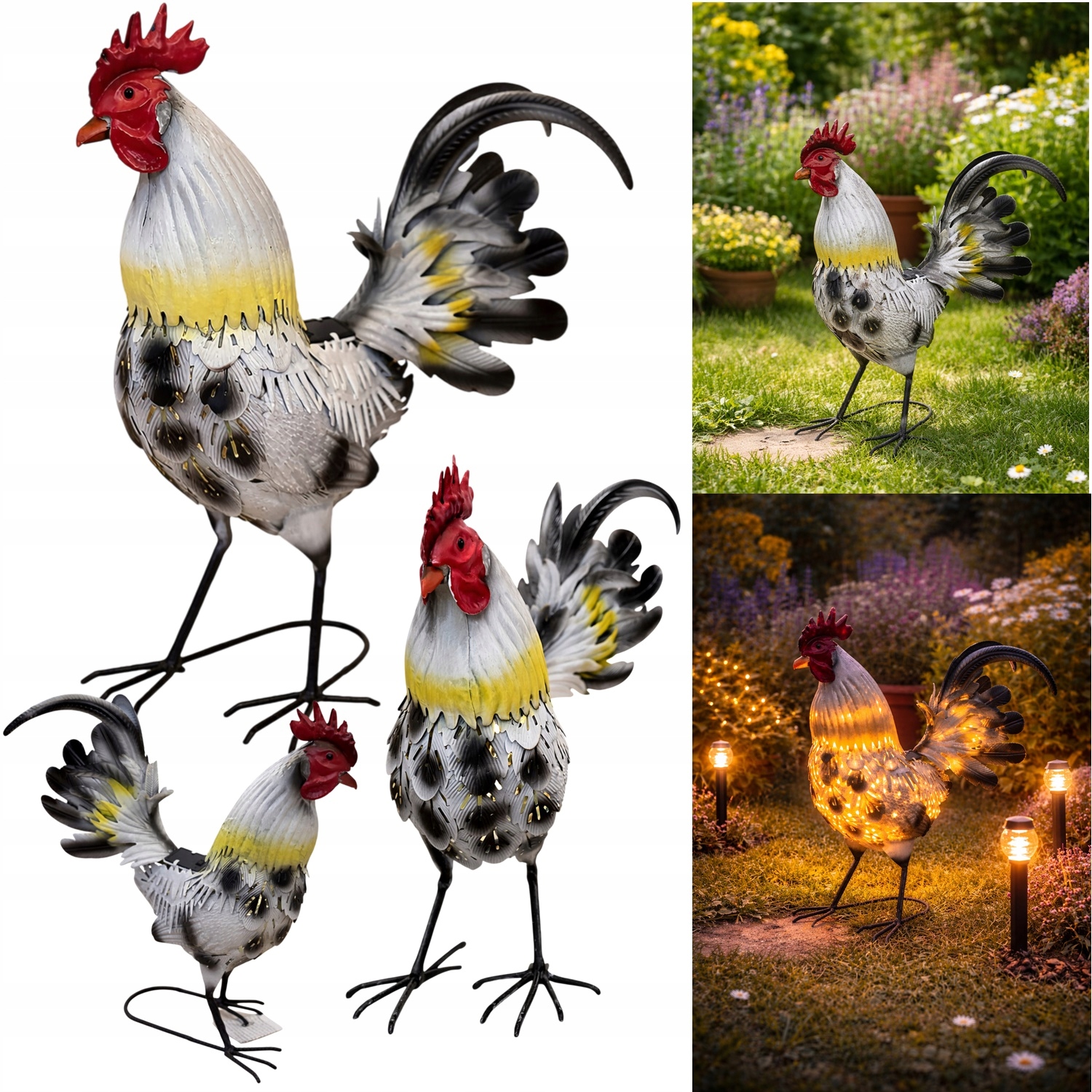 Zahradní figurka Kohout Kovová Led Solar 40 cm Pták Řežba do zahrady Terasa