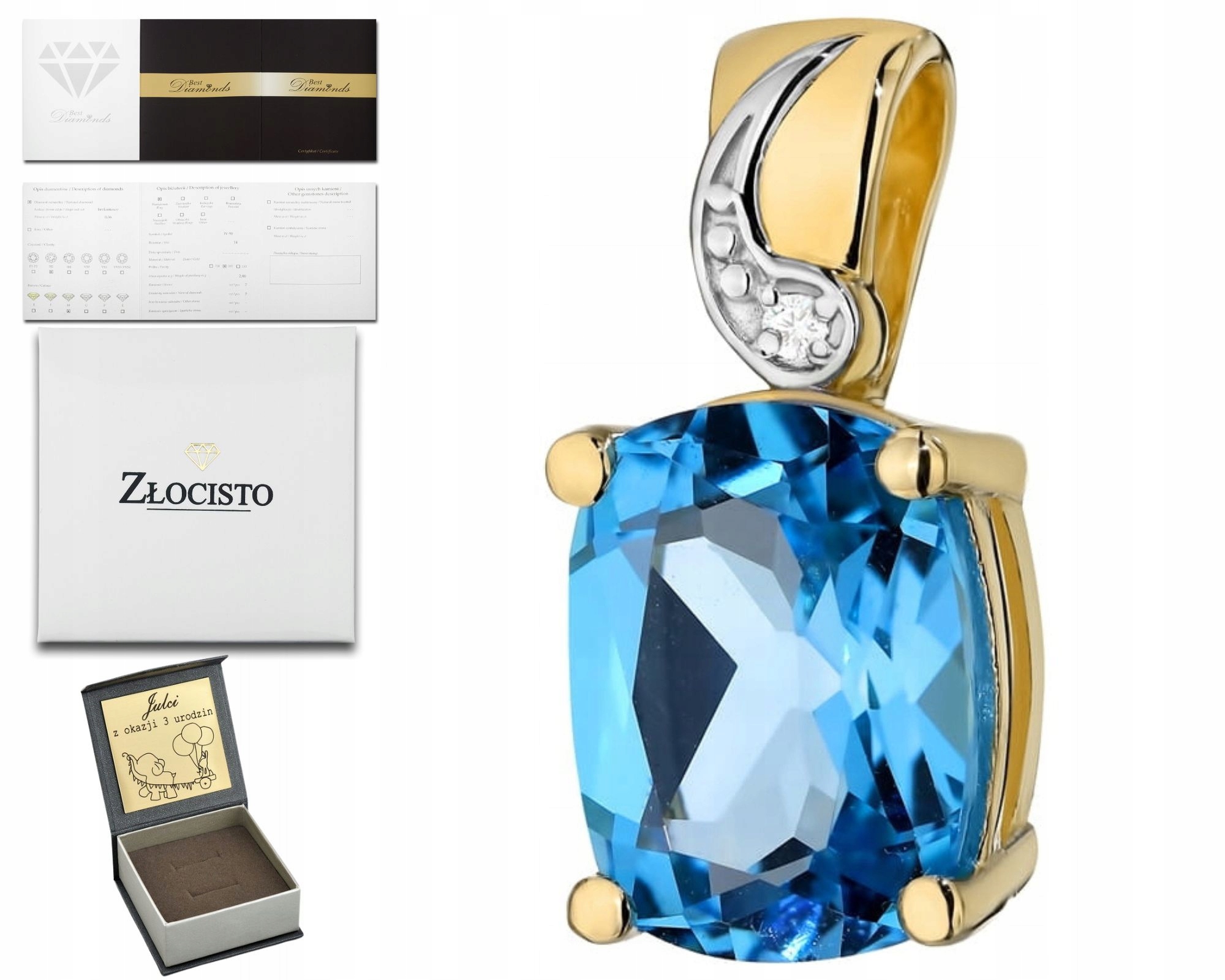 Zlatý Přívěsek Přírodní Kámen Topaz Briliant A Diamant 585 Dárek