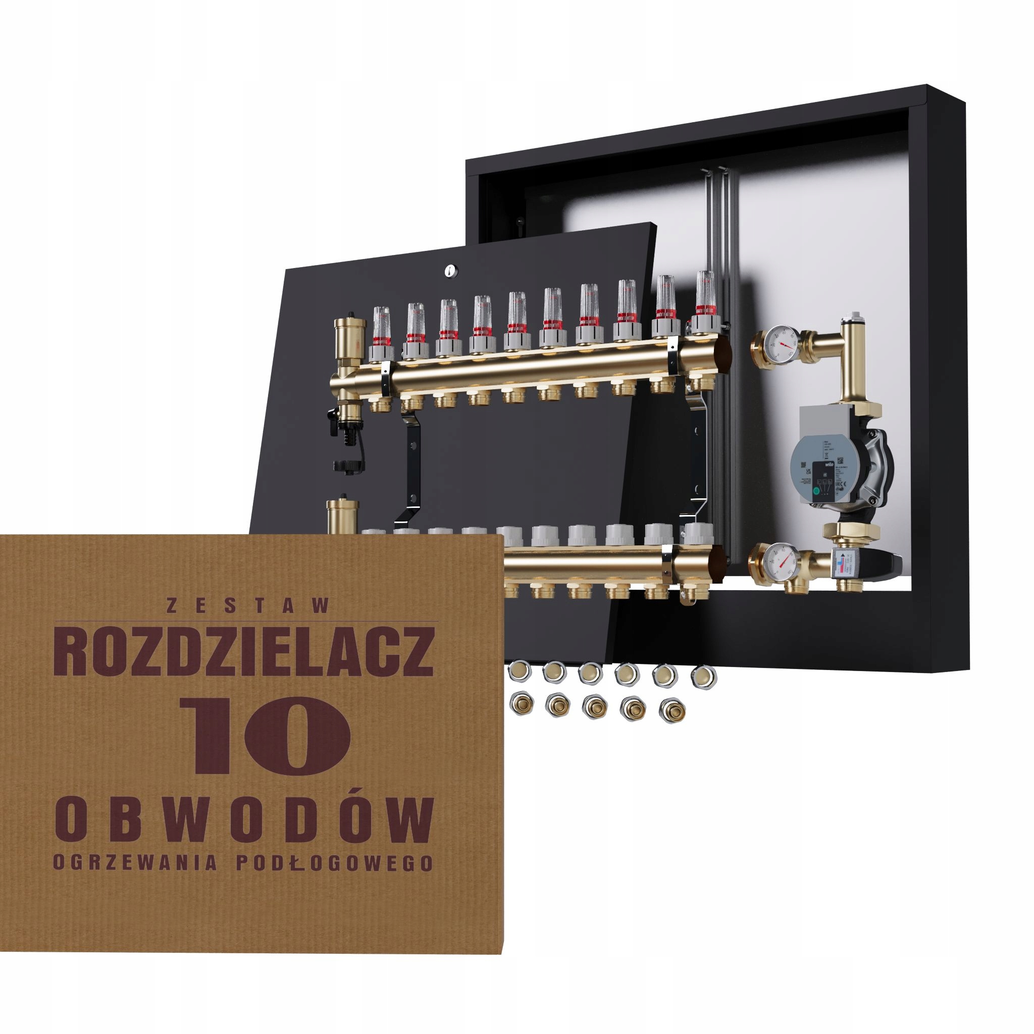 Rozdělovač pro podlahovku 10 okruhů s čerpací skupinou Wilo nástěnný Pex