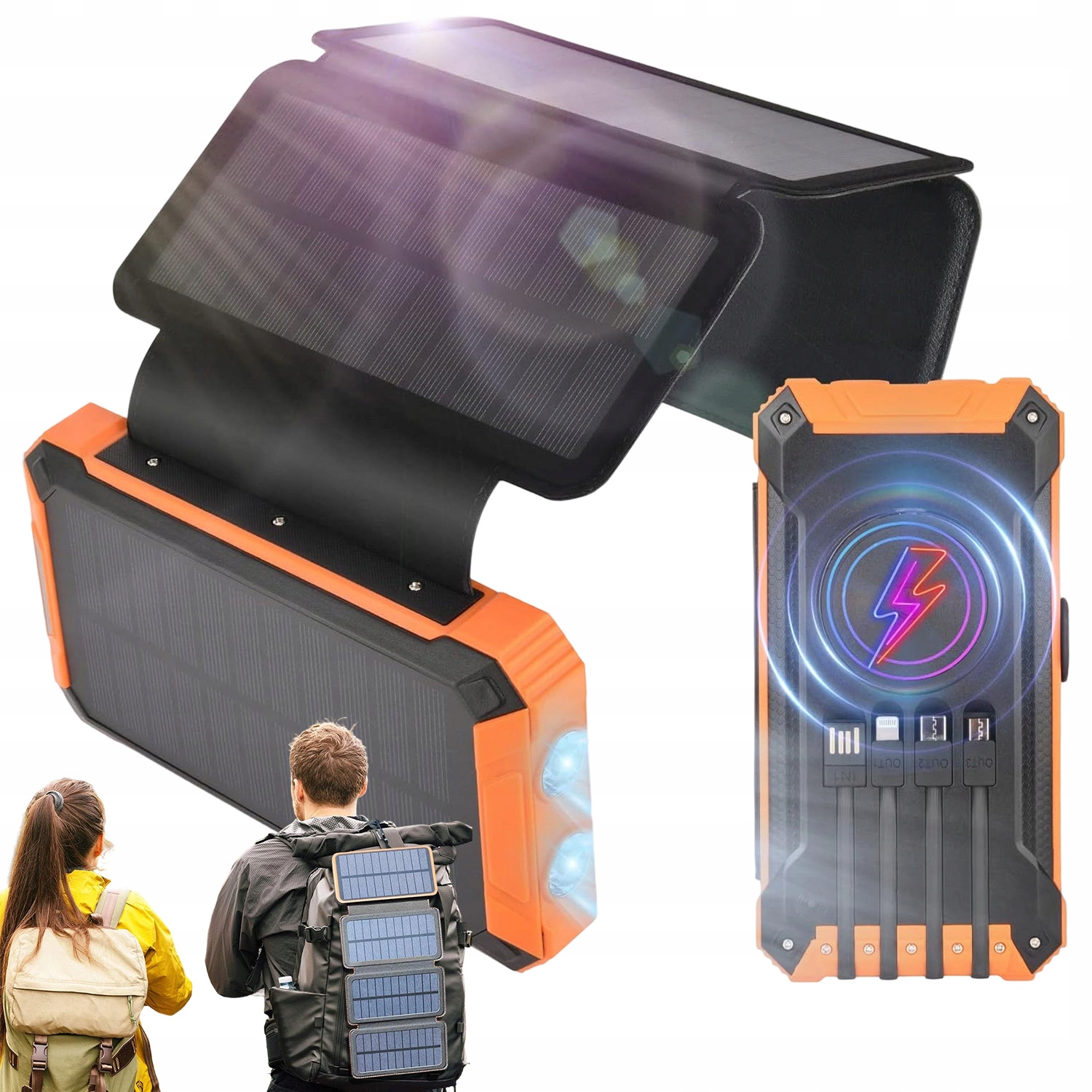 Solární Powerbanka 20000MAH Led Svítilna 3 Nabíjecí Porty 4 Vestavěné Kabely