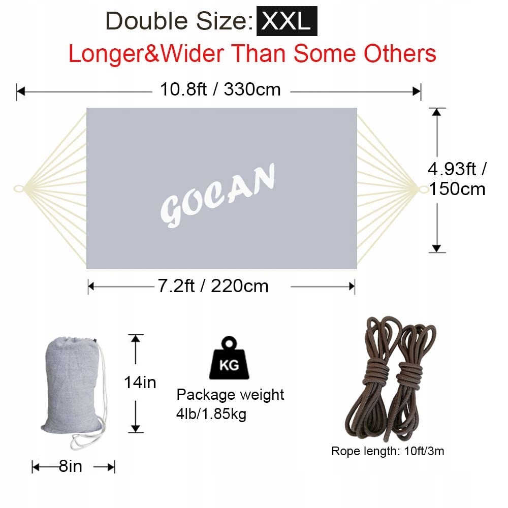 GOCAN Hamak Dwuosobowy 220x150cm 300kg Bawełna Na Zewnątrz Ogród Balkon — miniatura 3