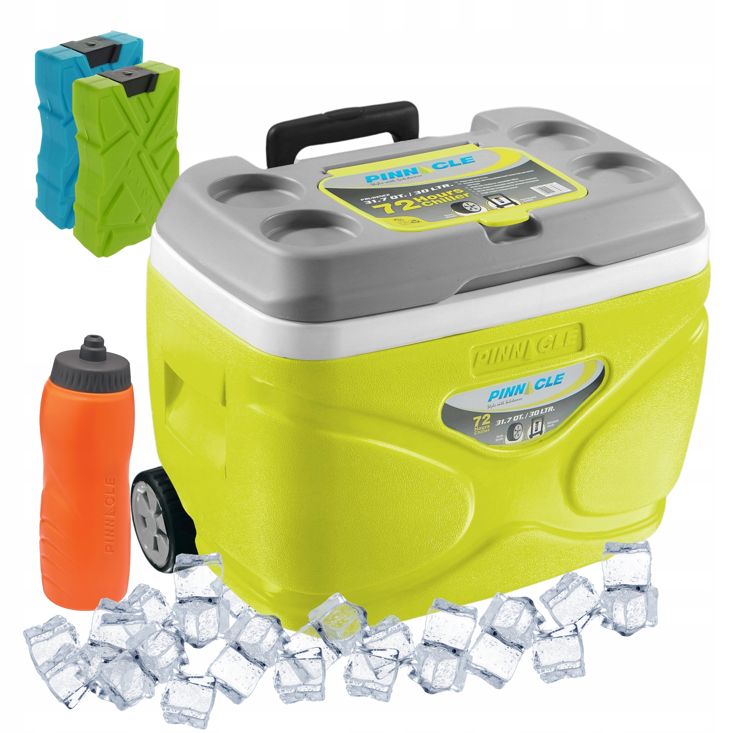 Turistická lednička s kolečky Pinnacle 30 l limetka 2 náplně 330 ml lahev na pití 1 l