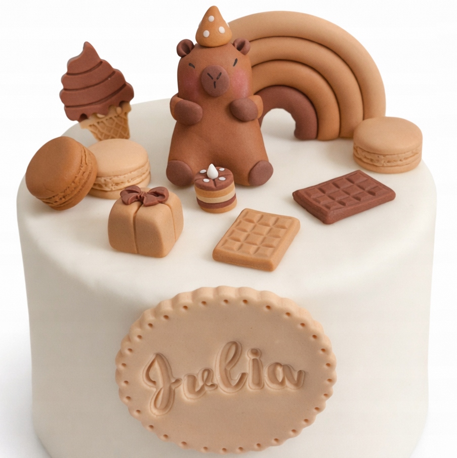 Zestaw dekoracji cukrowych Kapibara z tęczą i słodkościami na tort