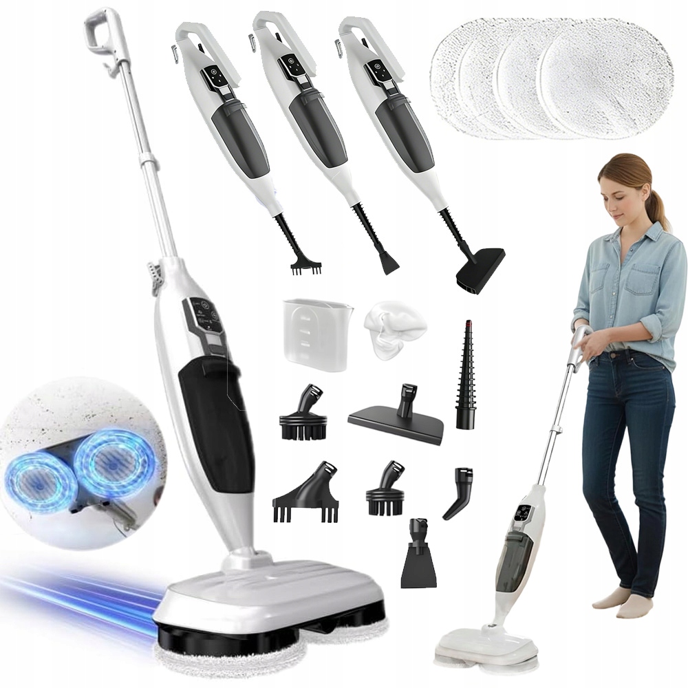 Rotační Parní Mop 10V1, Parní Výkon 1300 W, Multifunkční Sada, Parní Čistič