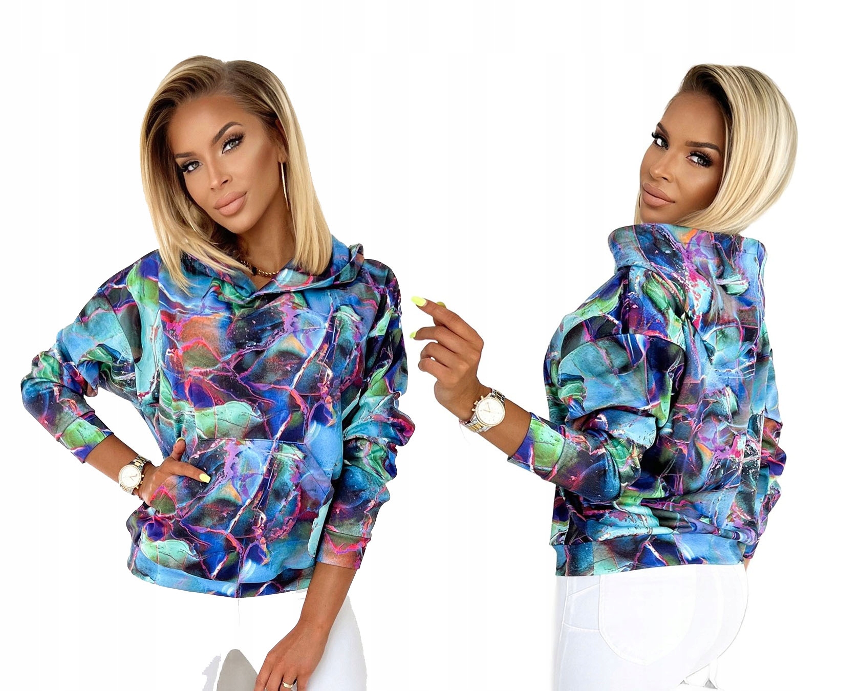 Barevná Dámská Mikina Klokanka S Kapucí Pohodlná Mramorová Modrá L