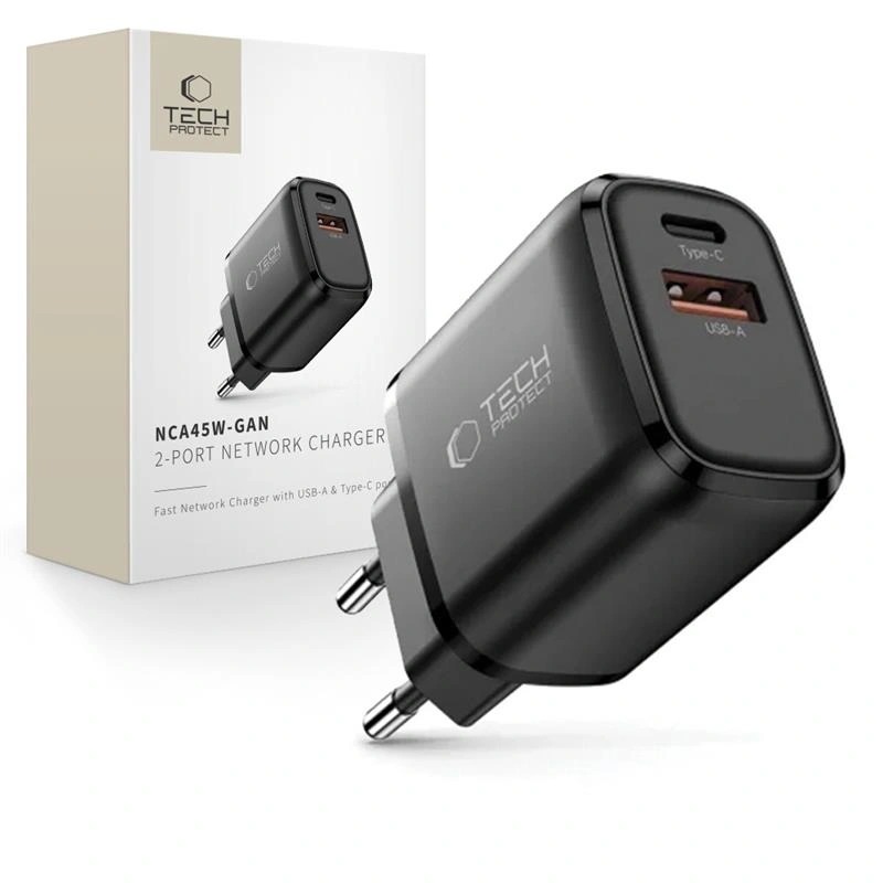 Tech- Protect NCA45W- Gan 2- Port Network Charger Pd 45W QC3. 0 Black