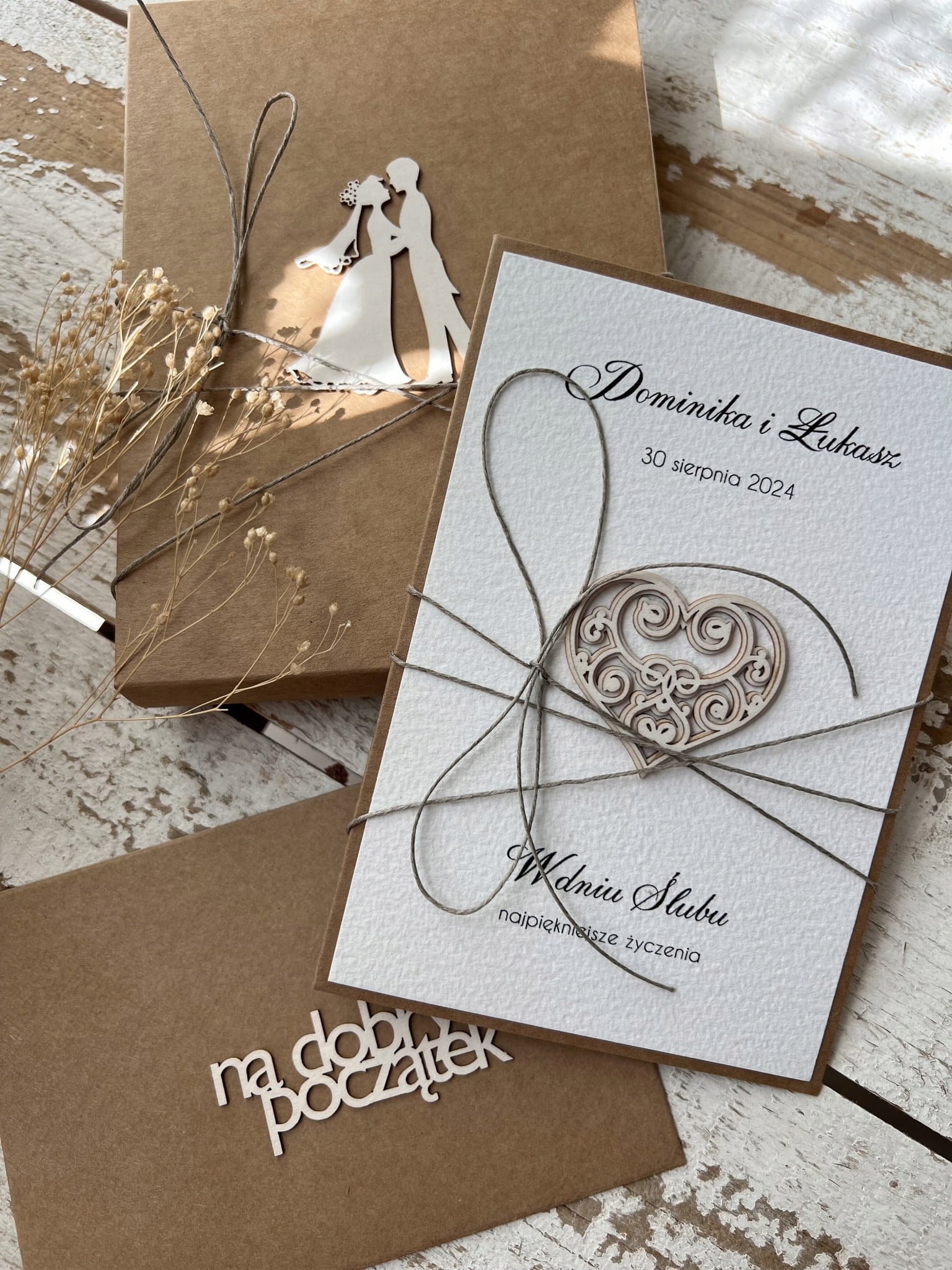 Rustikální svatební přáníčko vyrobené ručně se srdcem