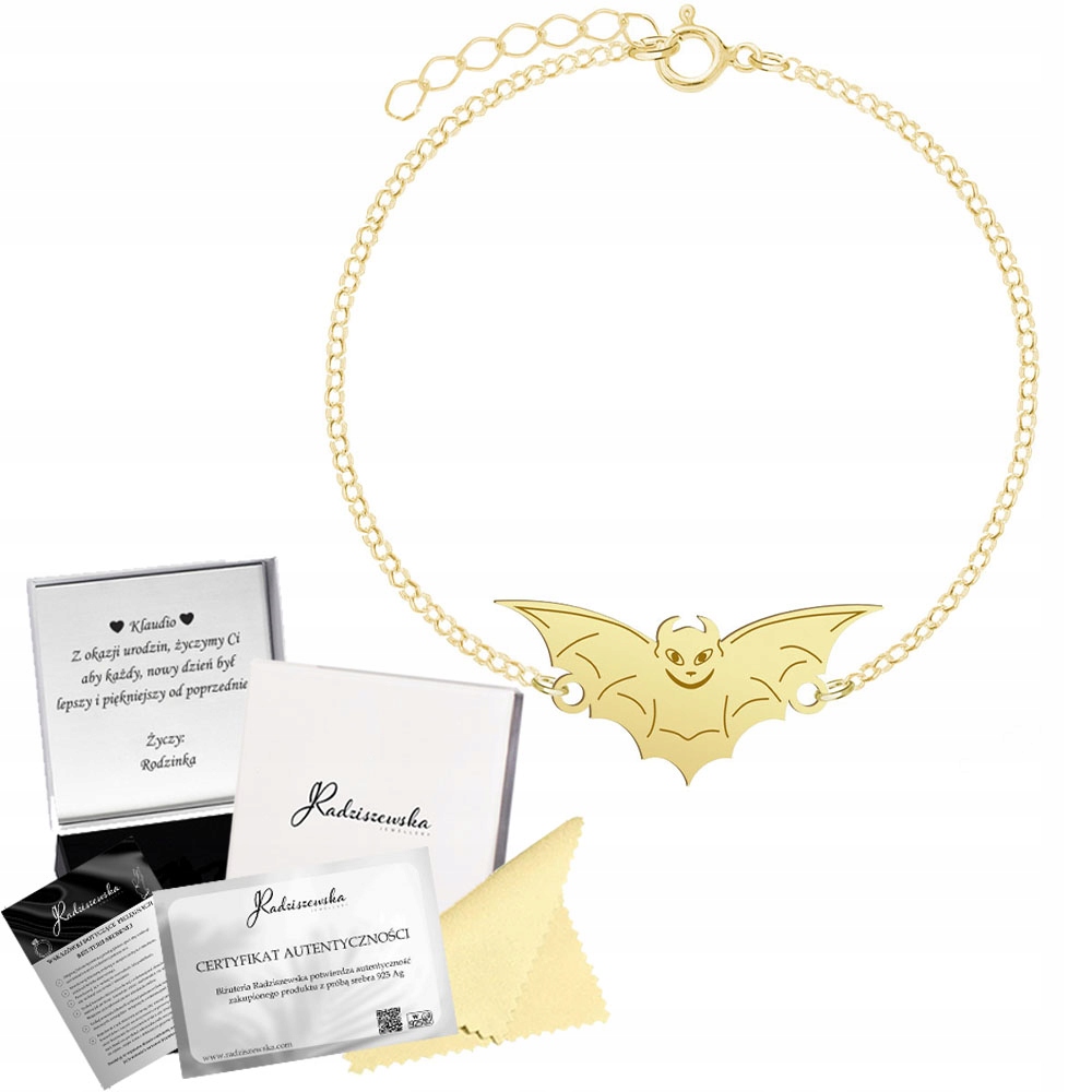 Zlatý náramek Netopýr Halloween 925 Řetízek Dárek Gravírování Bonus