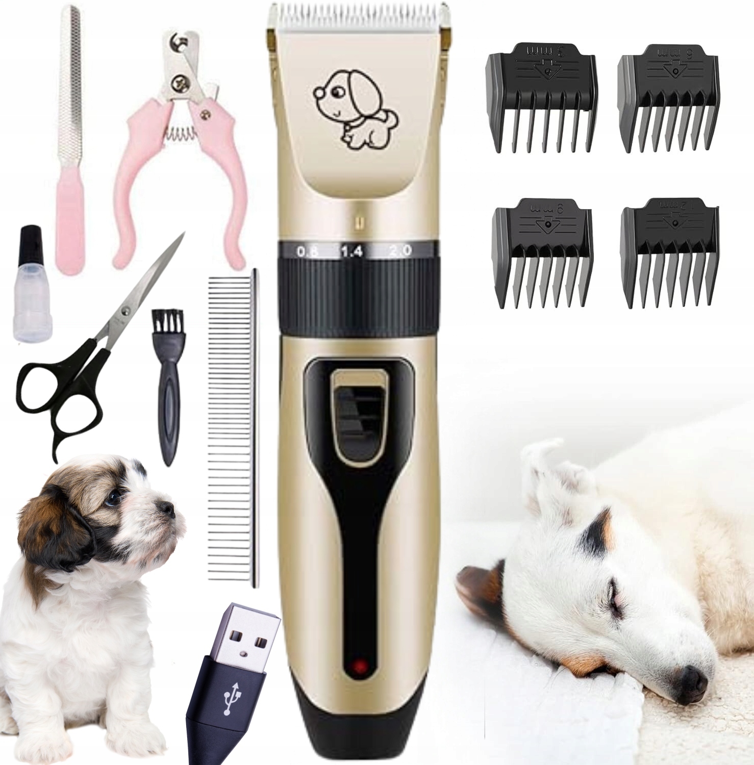 Levně Sada na stříhání psa a kočky, tichý strojek, akcesoria Usb