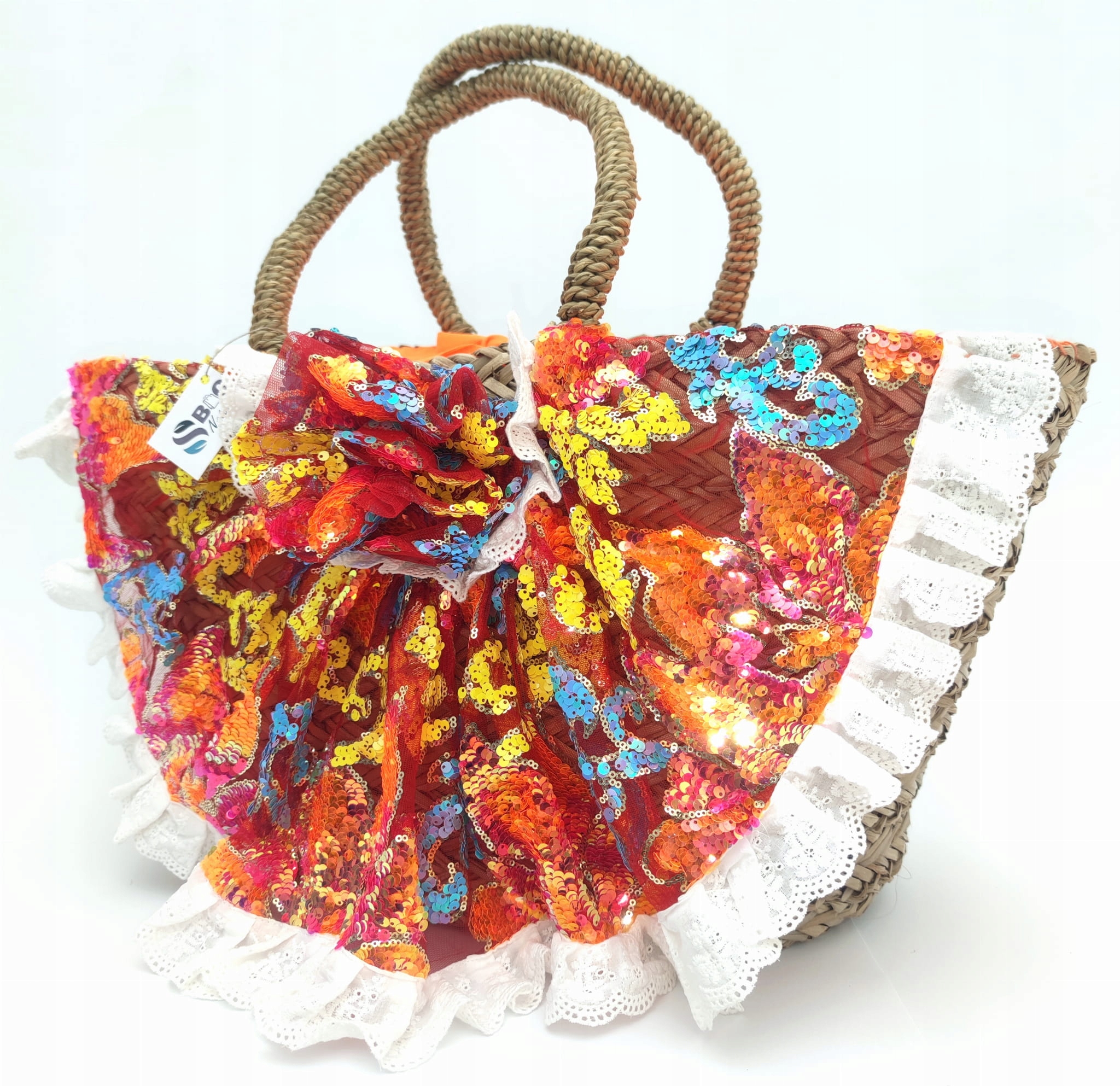 Taška Košík Velká Pletená z mořské trávy s Flitry Veganská Boho