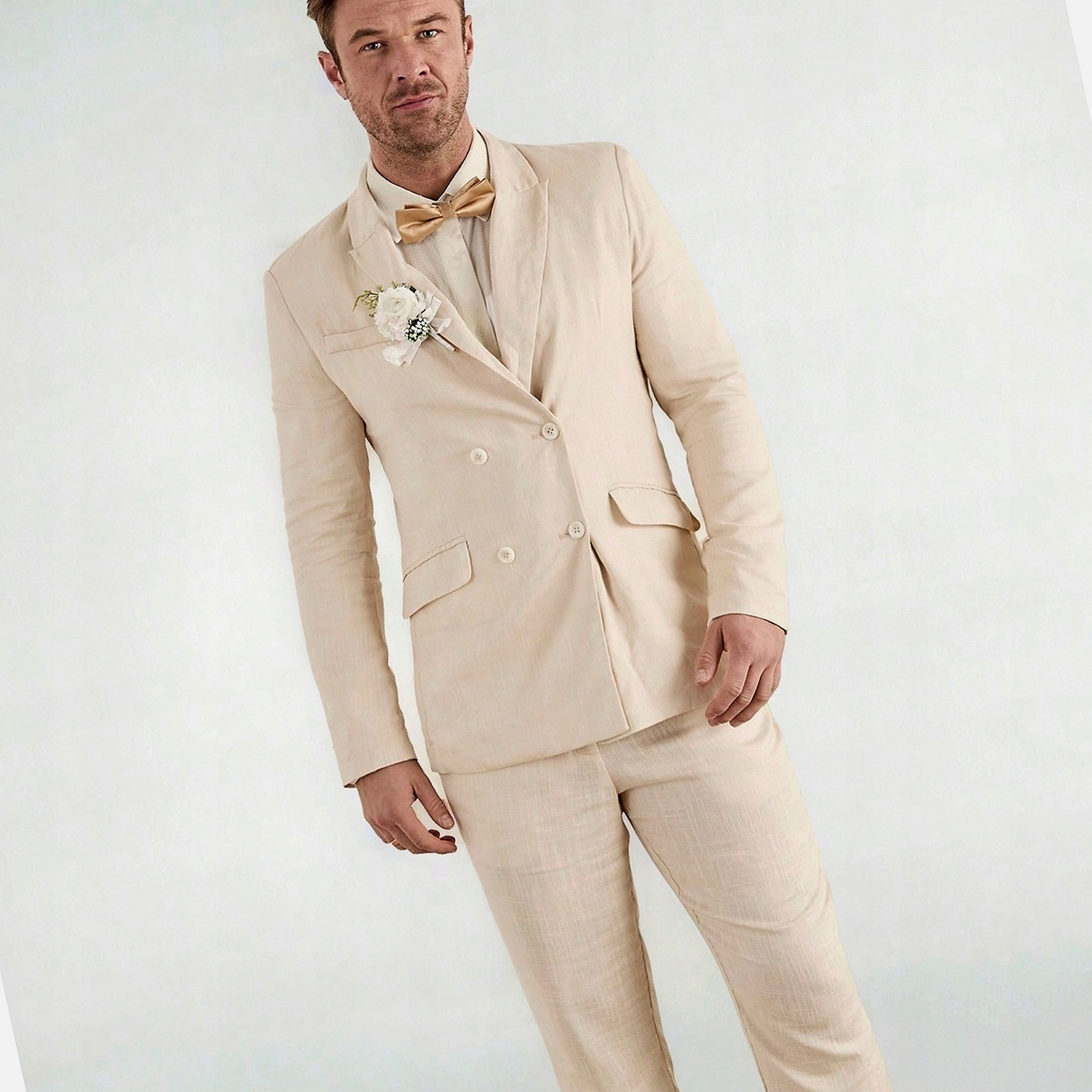 Pánský oblek Pískový Výstupní Stylový Trendy Z Lnu M