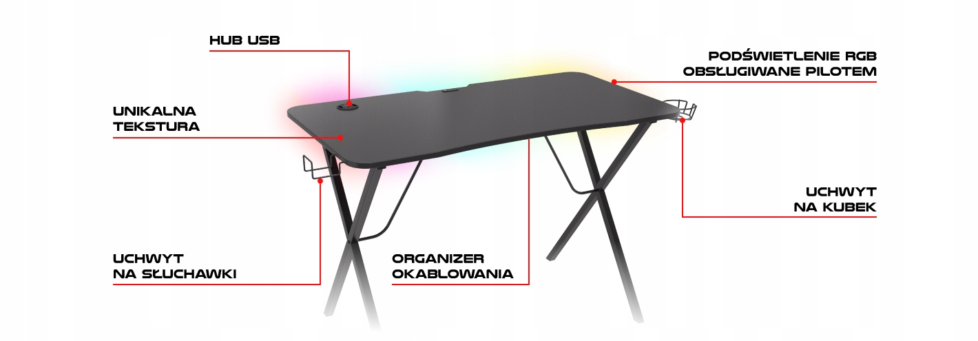Biurko Gamingowe GENESIS Holm 200 Komputerowe dla Gracza RGB LED OUTLET Kolor blatu czarny
