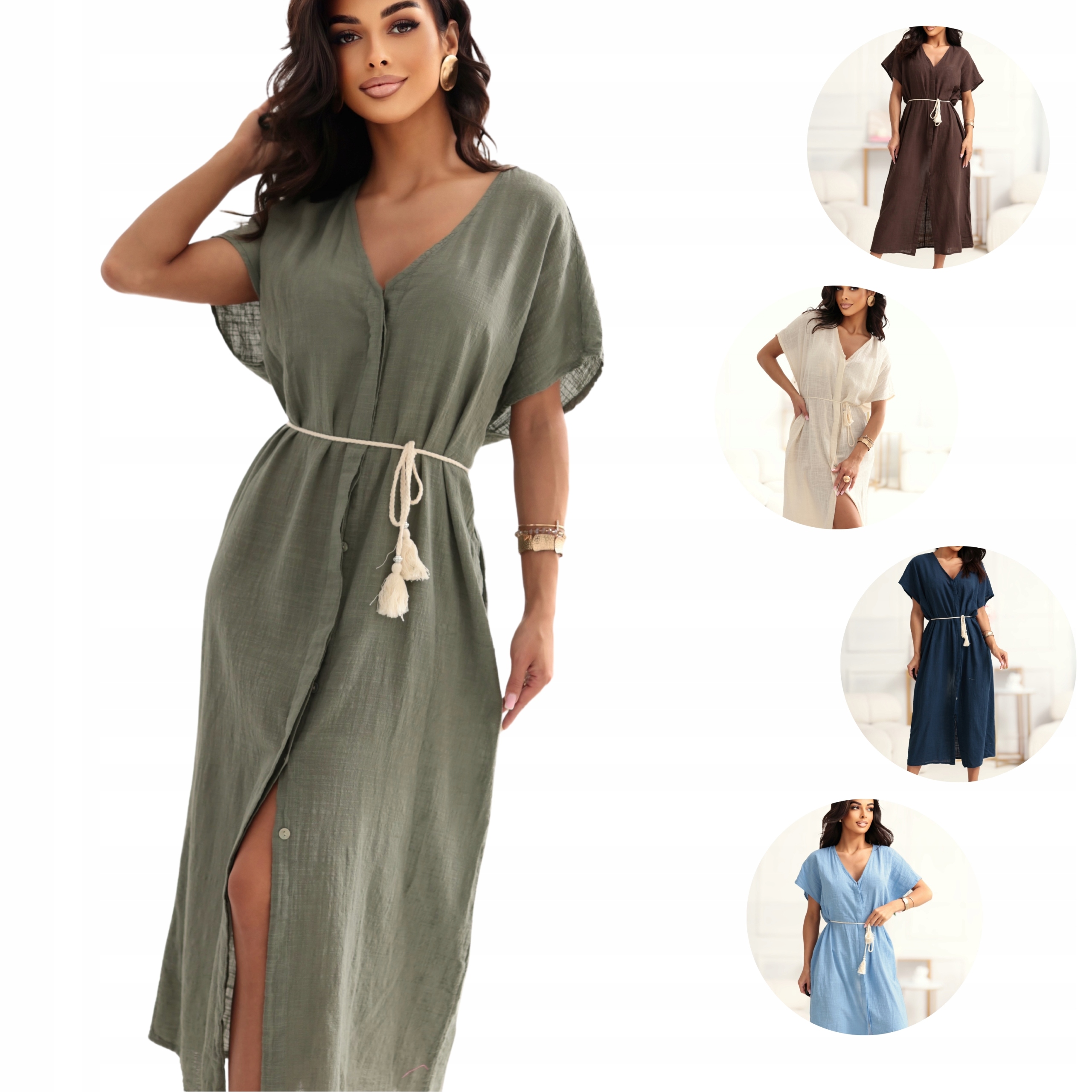 Šaty letní volná midi bavlněná s rozepínacím plážovým přehozem khaki M