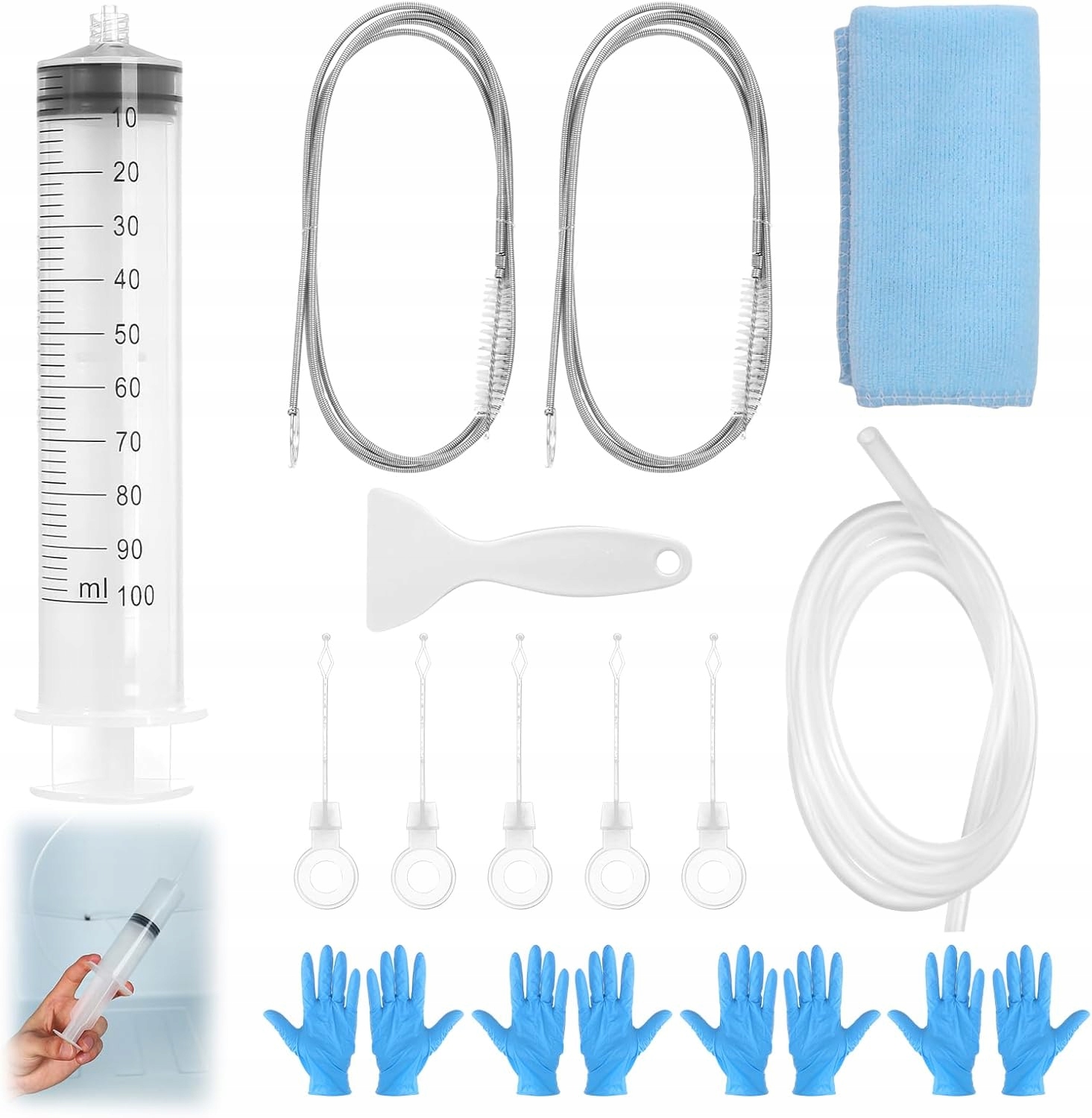 Levně Sada Na Čištění Ledničky Odtoku Stříkačka Hadička 7v1 Univerzální