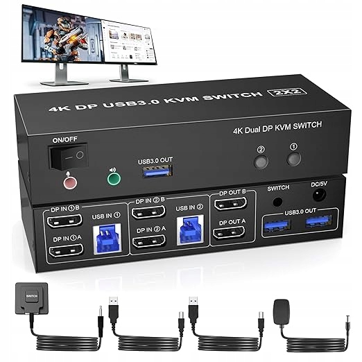 USB 3.0 Displayport KVM Switch 2 PC 2 monitory 4K 60 Hz