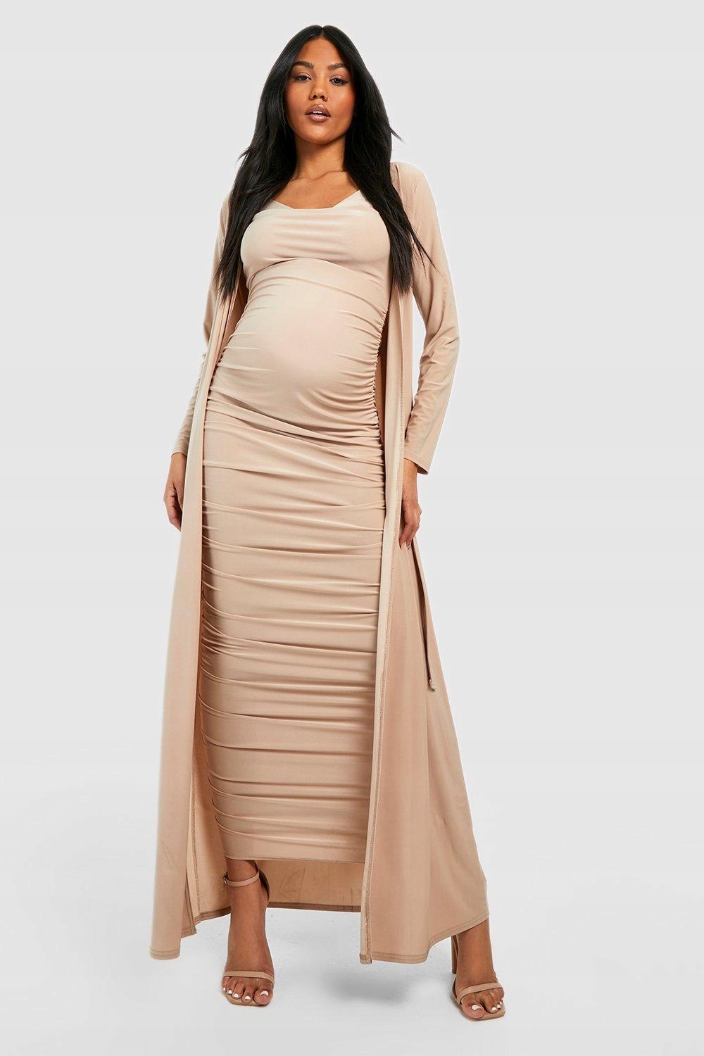 NARZUTKA BEŻOWA GŁADKA DŁUGA KLASYCZNA PROSTA DŁUGI RĘKAW BOOHOO 42 Rozmiar 42