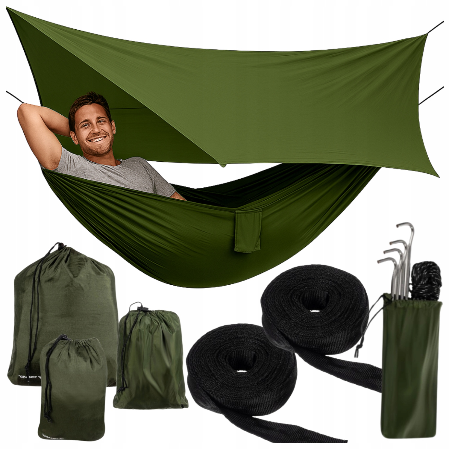 Duży Hamak Turystyczny z Moskitierą i Tarpem 260x140cm Wodoodporny 250kg