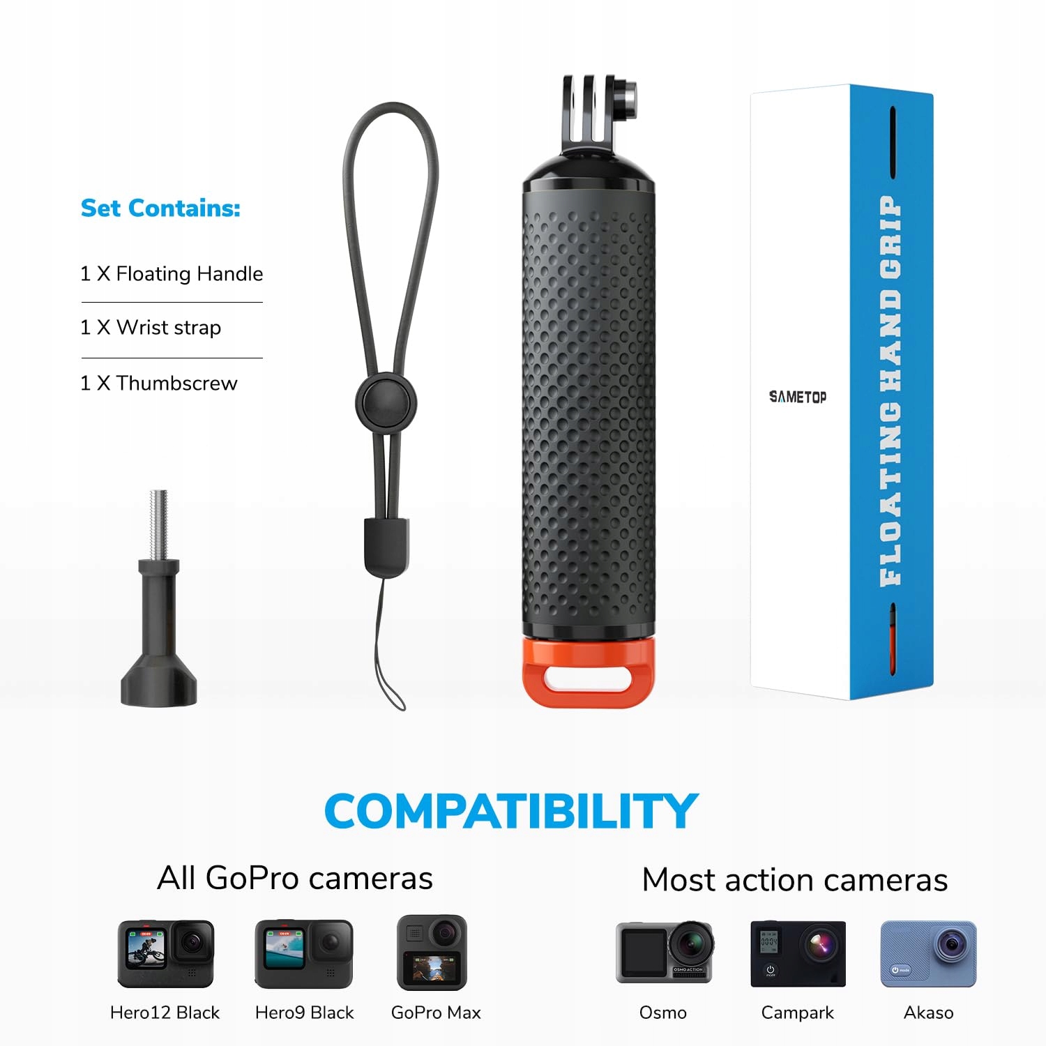SAMETOP Uchwyt Pływający Do Kamer GoPro Hero DJI Osmo Action Pomarańczowy — miniatura 4