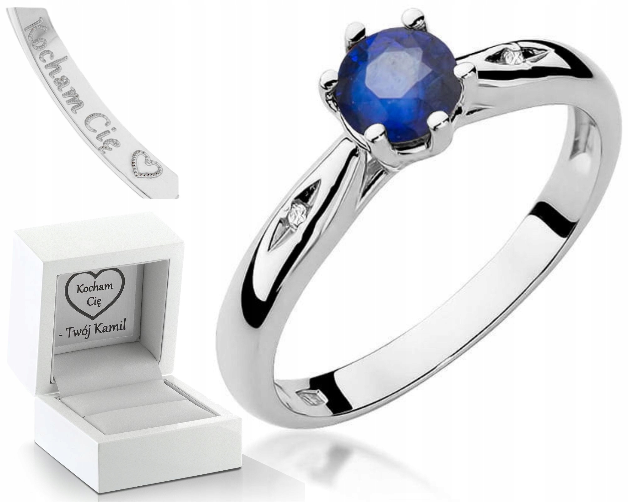 Bílé Zlato Prstýnek Diamanty Safír 585 Gravírování