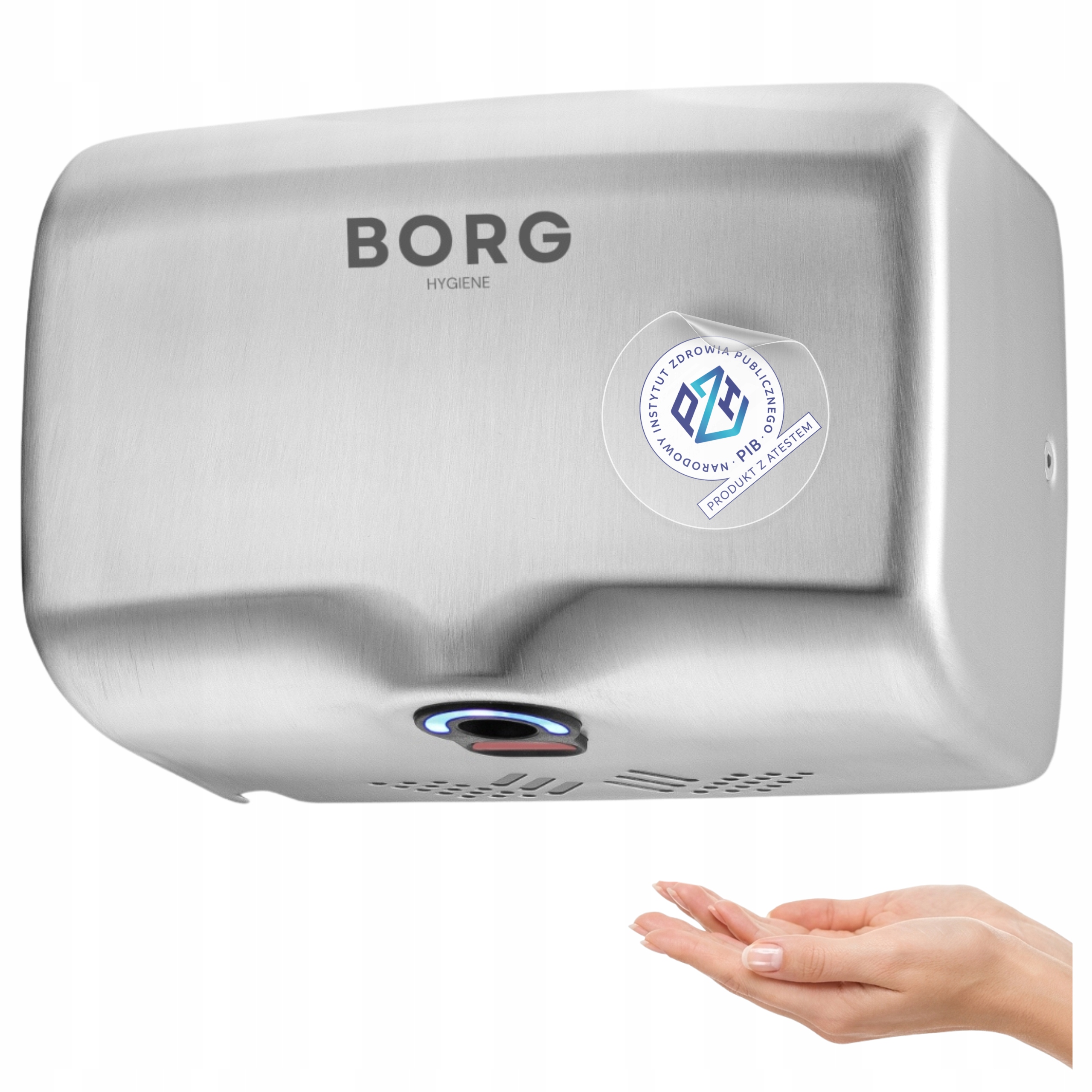 Sušička rúk oceľová silná strieborná Borg Breva 1350W 360 km/h Atest Pzh