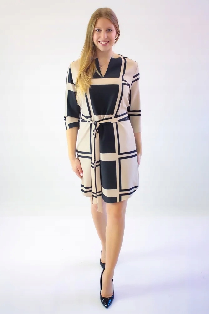 Elegantní šaty s páskem, kostka Karamelově černá, velikost 36