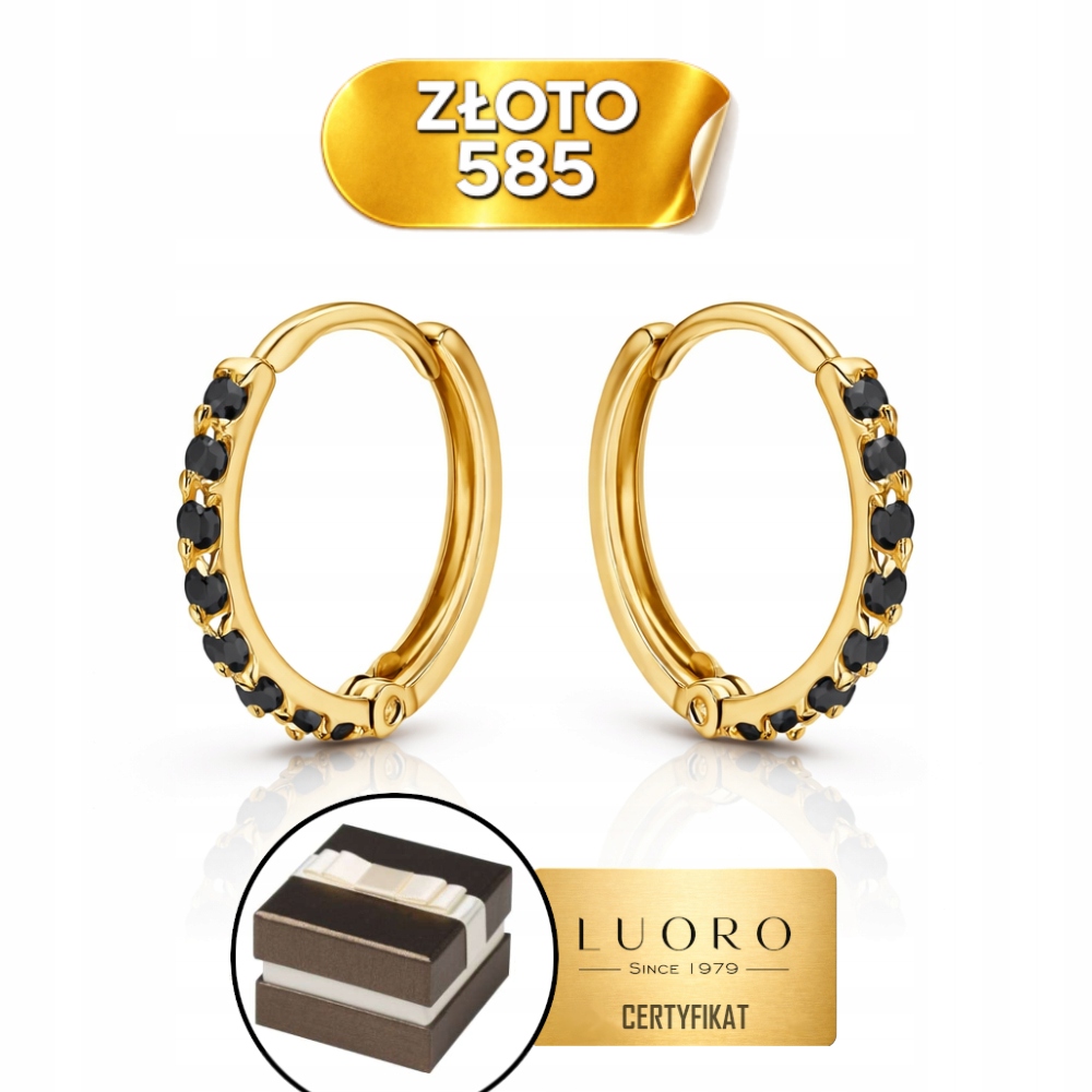 Náušnice Zlaté 585 14K Kroužek Černé Zirkony Kreol 1,1 CM Elegantní