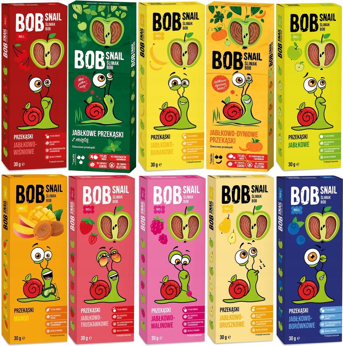 NATURALNE PRZEKĄSKI ŚLIMAK Bob Snail ZAWIJAS ZESTAW MIX 10 SMAKÓW bez CUKRU