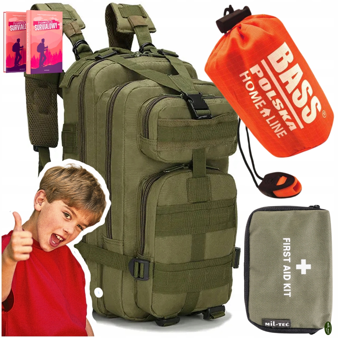 Plecak Wytrzymały Khaki Śpiwór Namiot Apteczka Zielona Mini 21 el