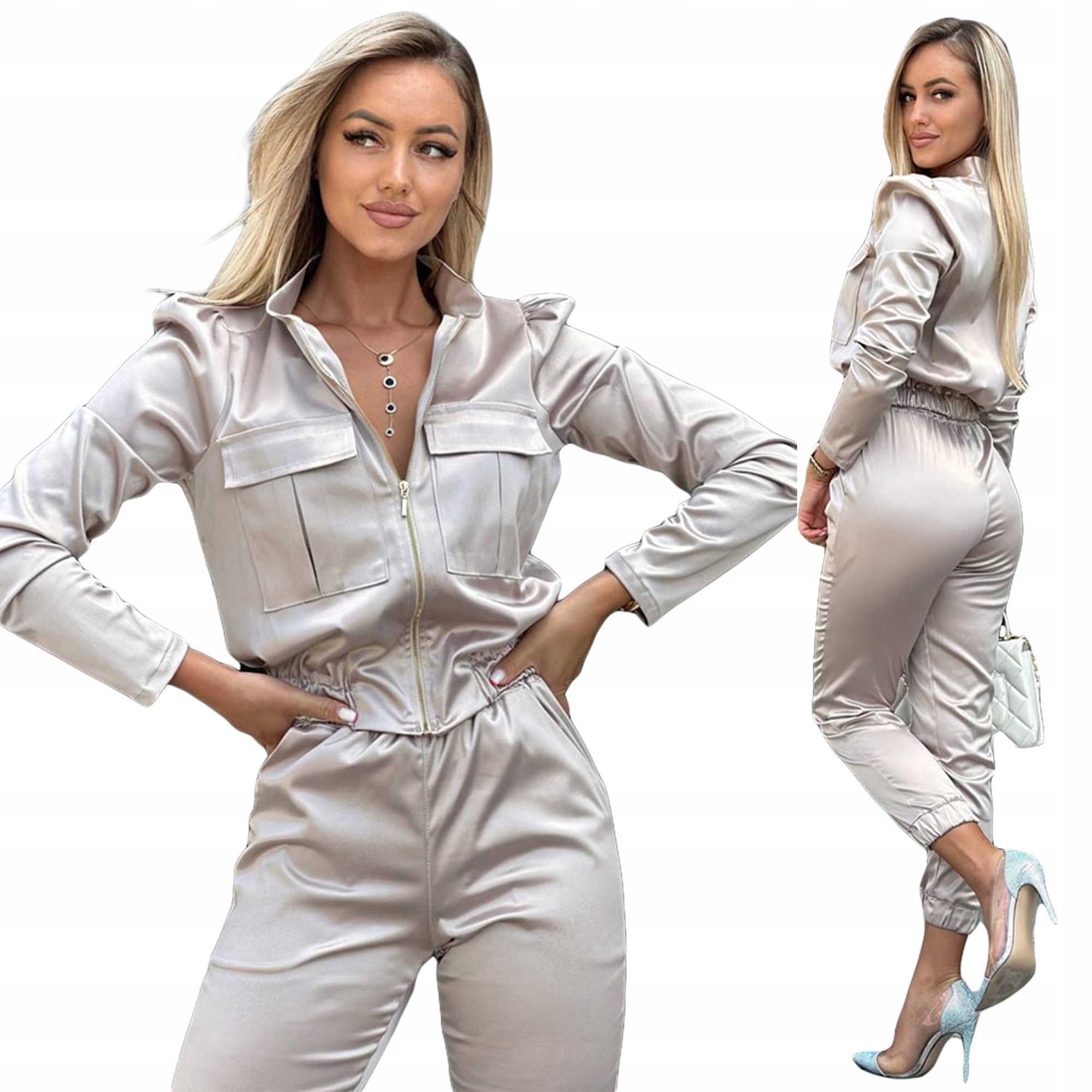 Teplákovka saténová rozepínací mikina a kalhoty Béžová xs