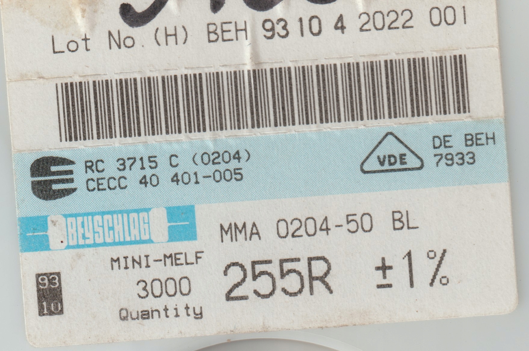 [100szt] 255R 1% 50ppm rezystor Smd minimelf MMA0204 Beyschlag low noise