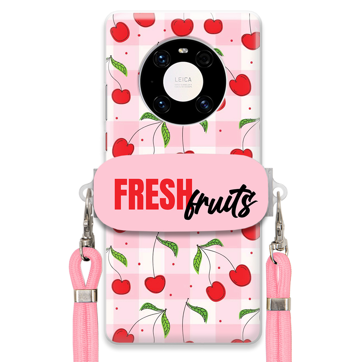 Puzdro pre Huawei Mate 40 Case držiak na šnúrku Ružový Fresh Fruits Mriežka