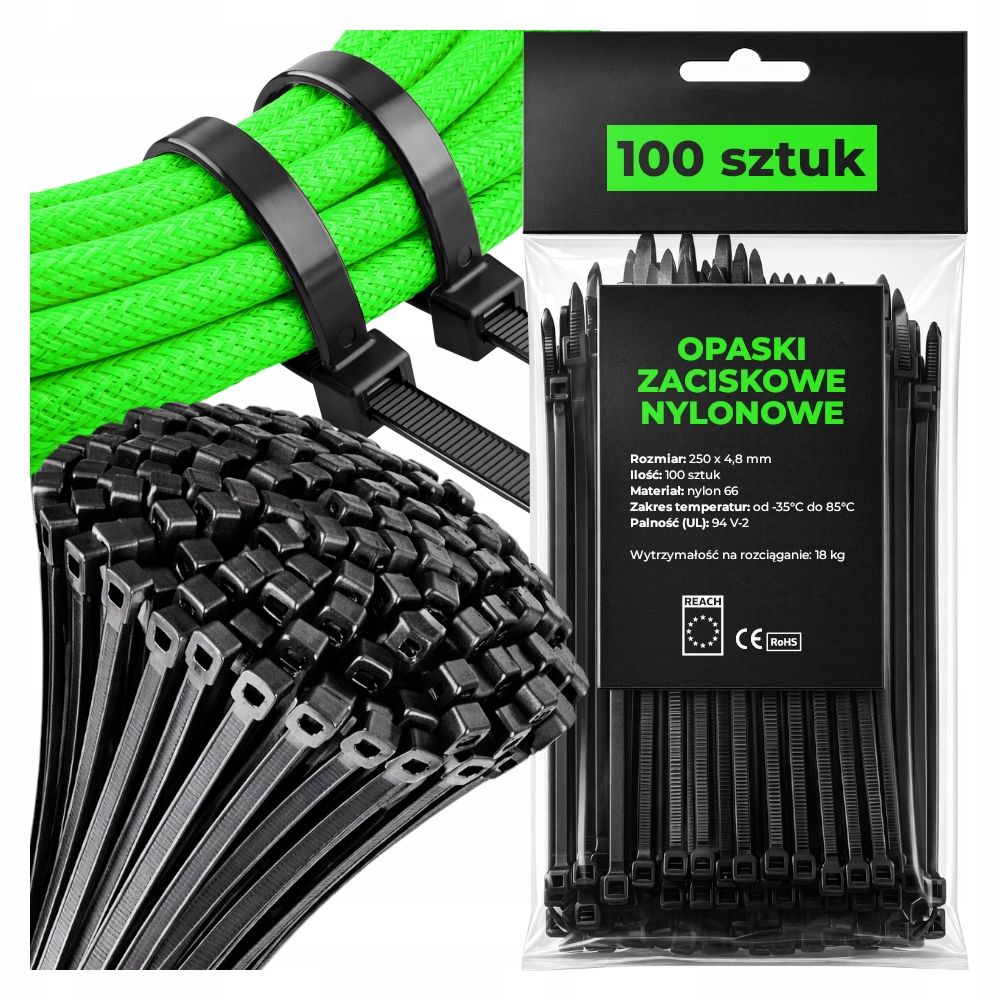 Opaski zaciskowe Trytytki Uv 250x4,8 mm Czarne 100 szt. nylonowe