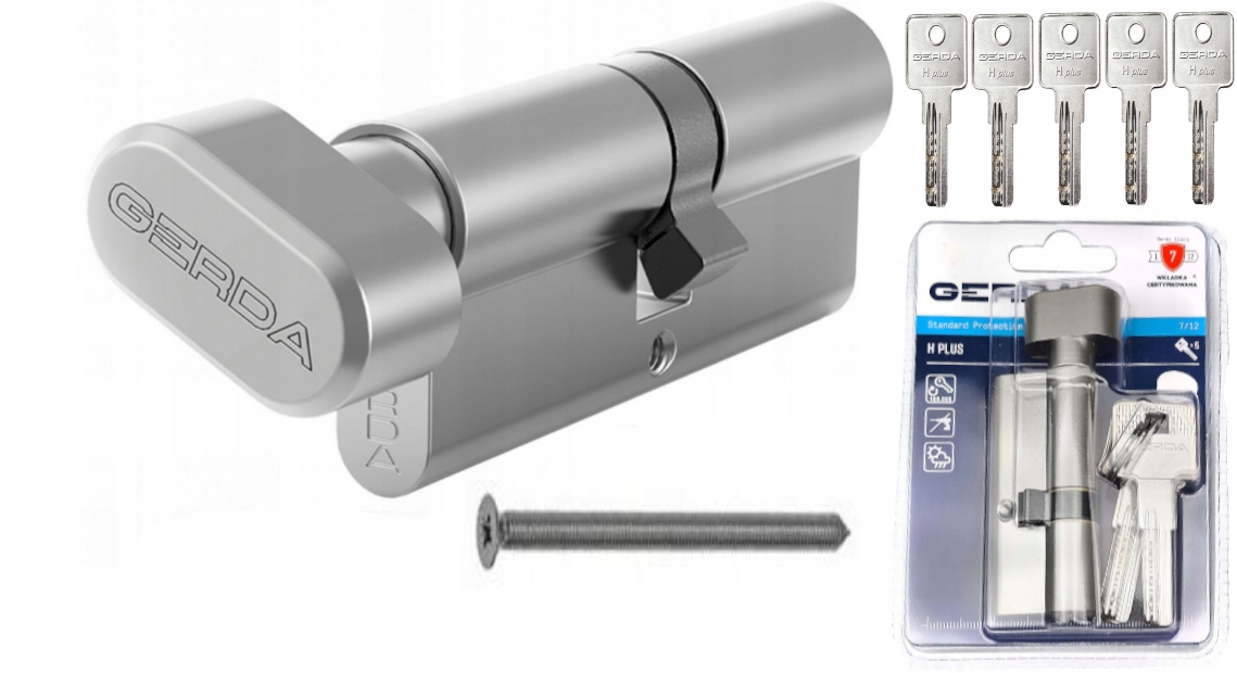 Wkładka Bębenkowa Gerda H Plus G30/40 Z Gałką Do Zamka Drzwi 5KLUCZY Nikiel