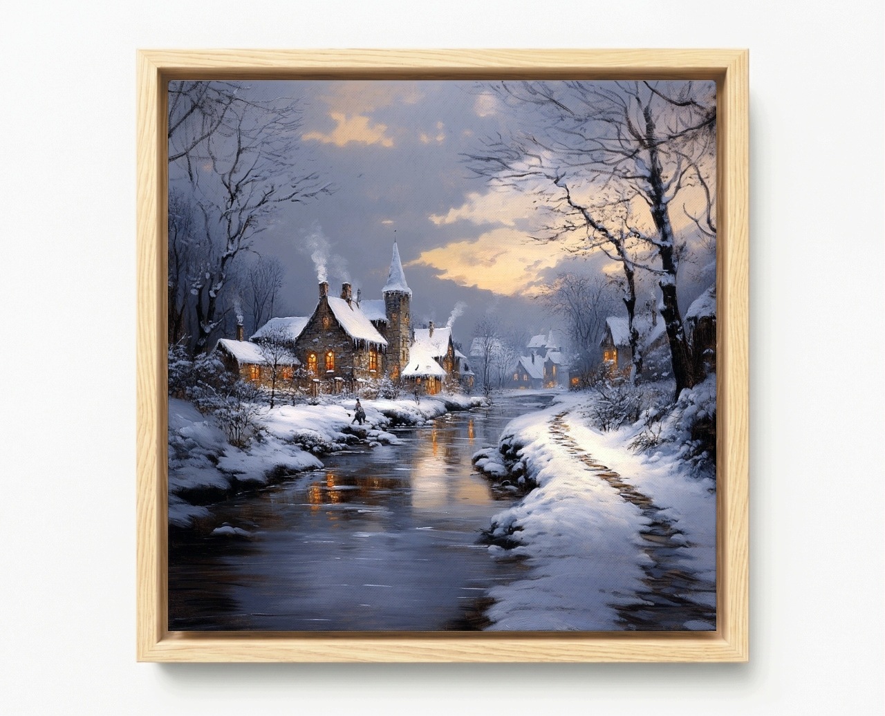 Obraz Rám Americká Krajina Město Řeka Domy Zima Sníh Mráz 40x40