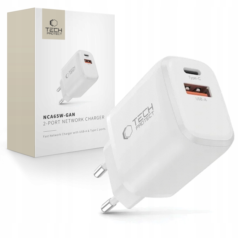 Tech- Protect NCA65W- Gan 2- Port Network Charger Pd 65W QC3. 0 White