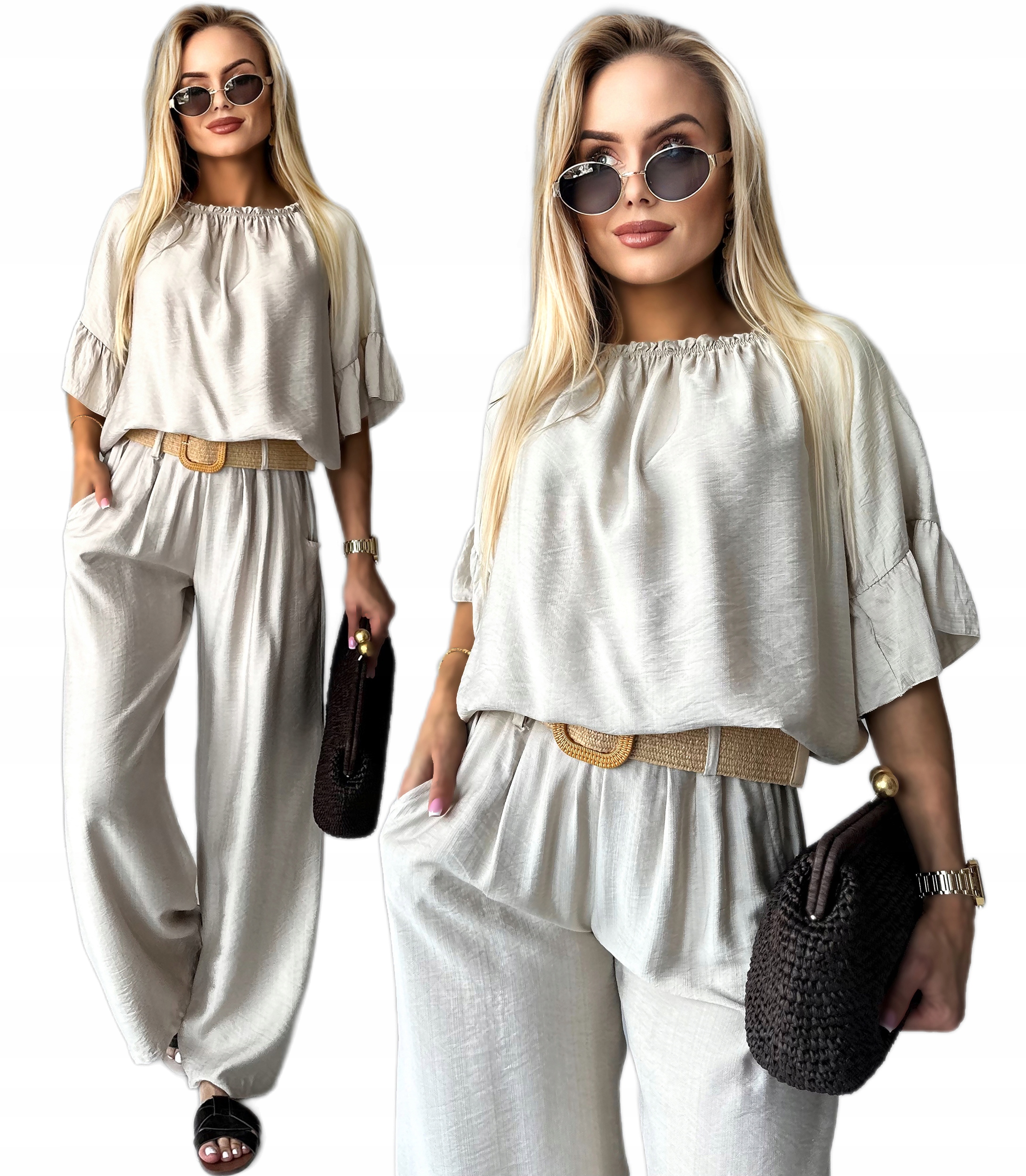 Wizytowy Komplet damski szerokie spodnie Kuloty Bluzka hiszpanka pasek MA9I