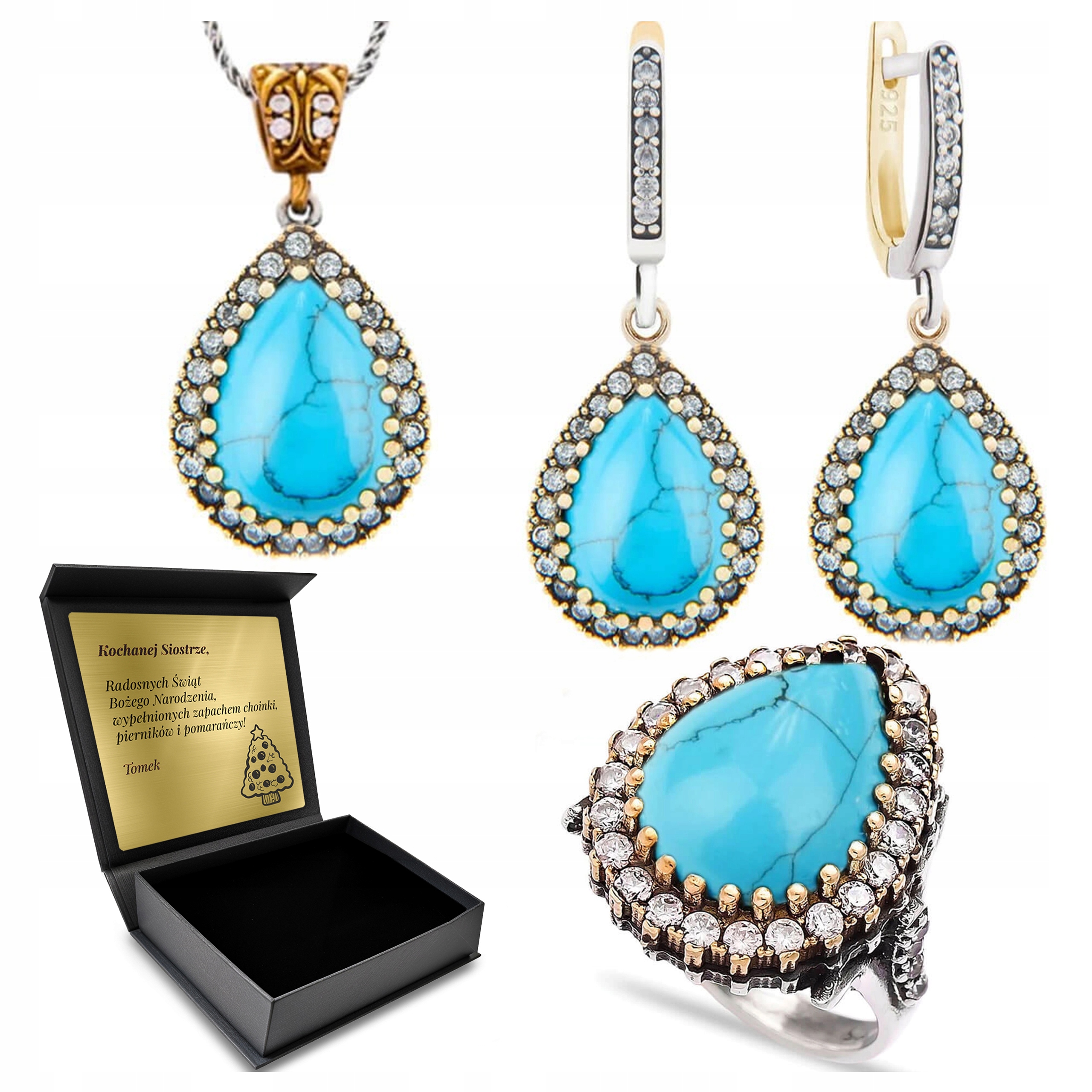 Sada Stříbrných Šperků 925 S Zirkony A Tyrkysem pro ženy Gravírování