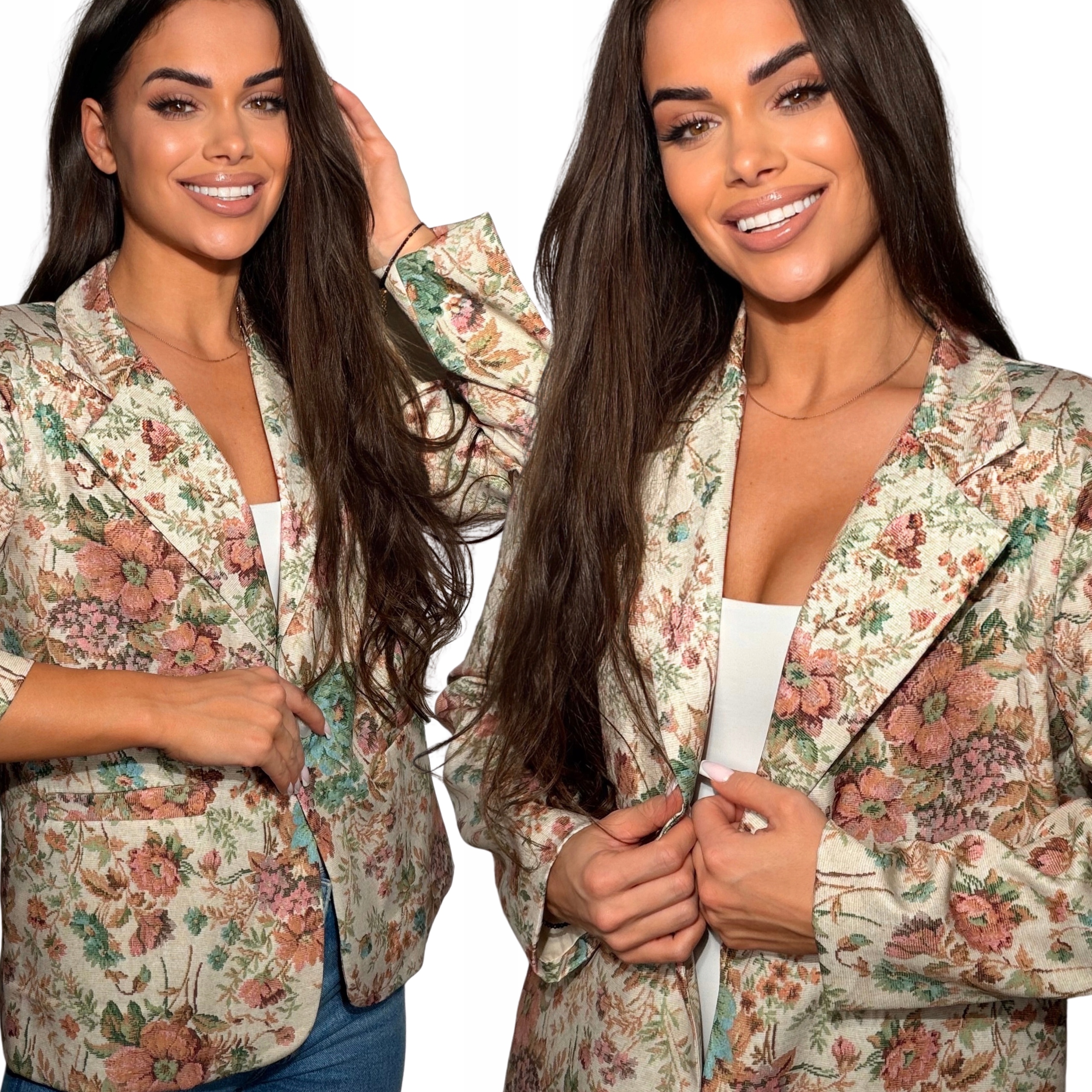 Marynarka Damska Żakiet Kobiecy Kwiaty Klasyk Wiosna Beżowa S M L XL 3116