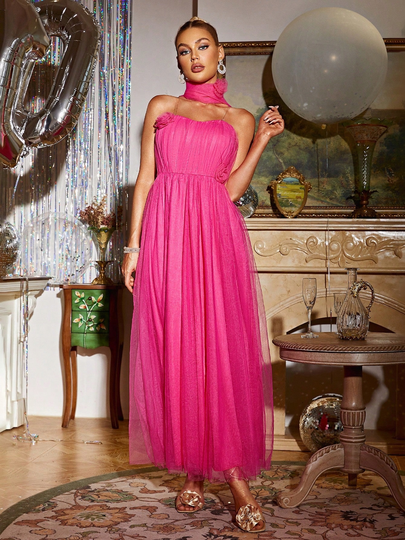 Šaty Maxi Tylové Glamour Stylové Růžové Glamaker S 36