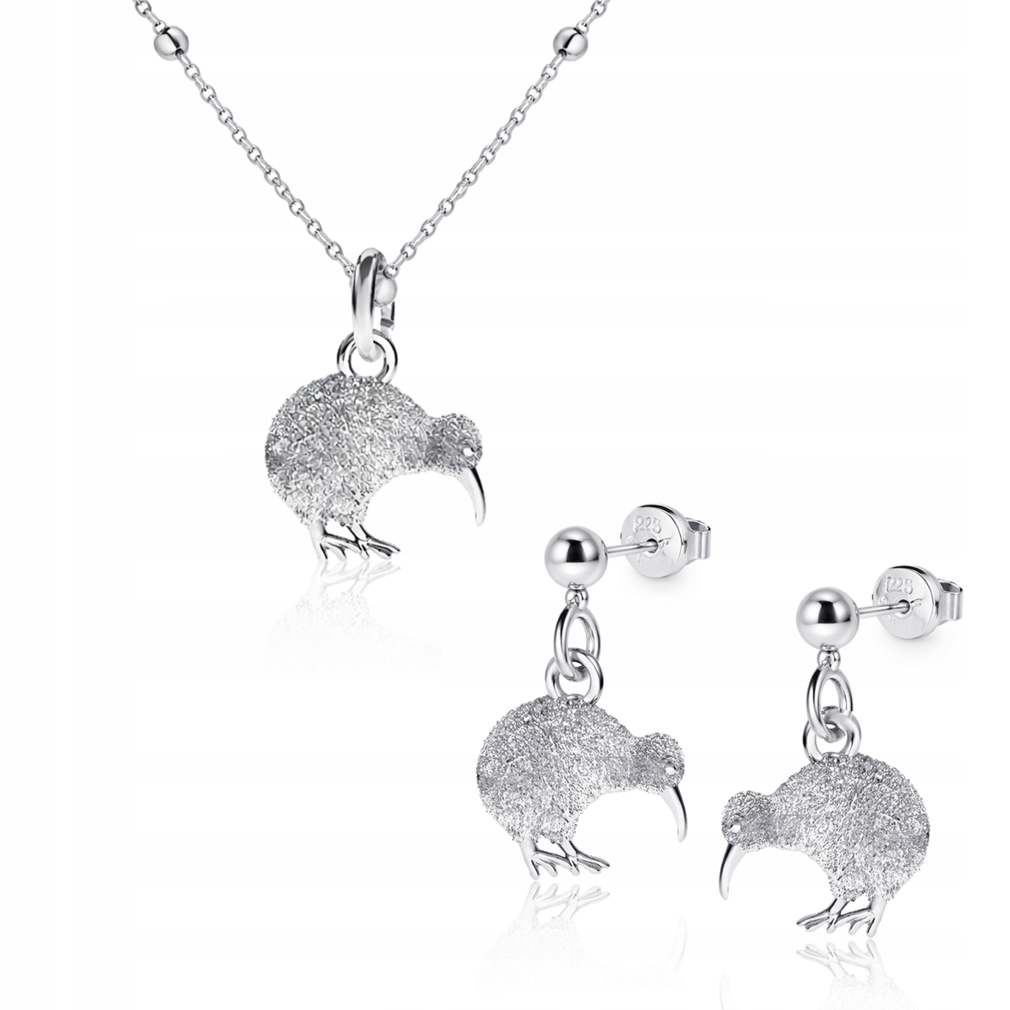 Ptáček kiwi stříbrný set šperků řetízek kuličkový stříbro 925
