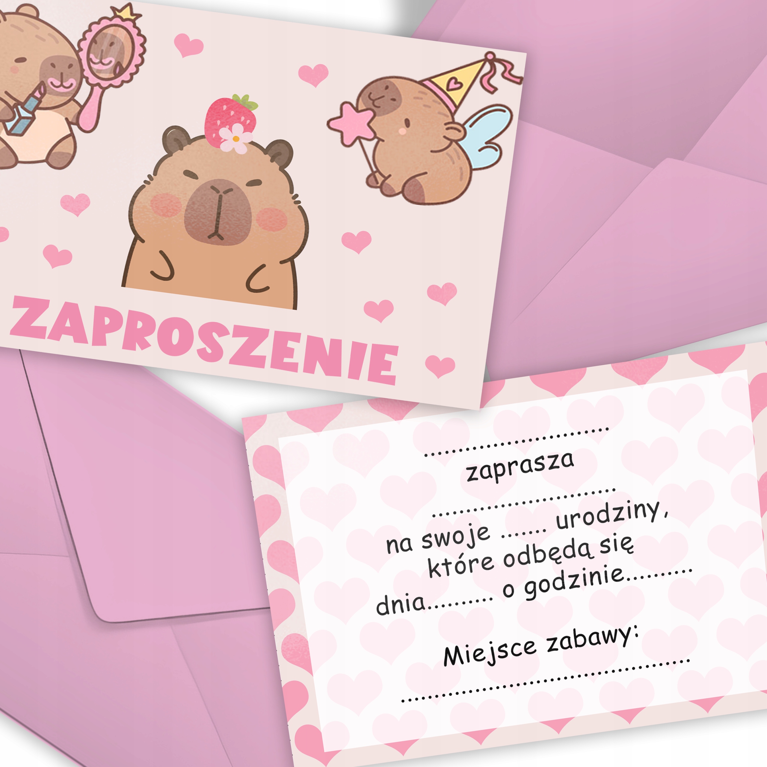 ZAPROSZENIE KAPIBARY KAPIBARA RÓŻ ZAPROSZANIA URODZINOWE + KOPERTY GRATIS
