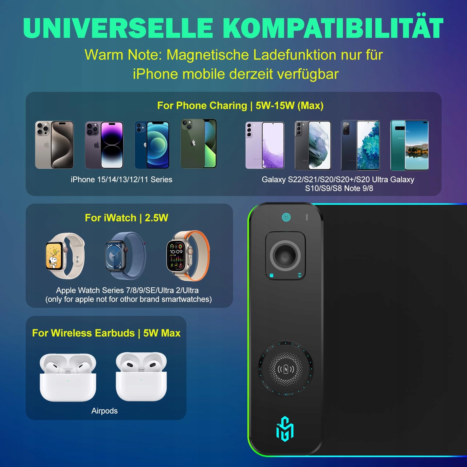 RGB GAMING Podkładka LED Qi 15W Bezprzewodowe Ładowanie — miniatura 6
