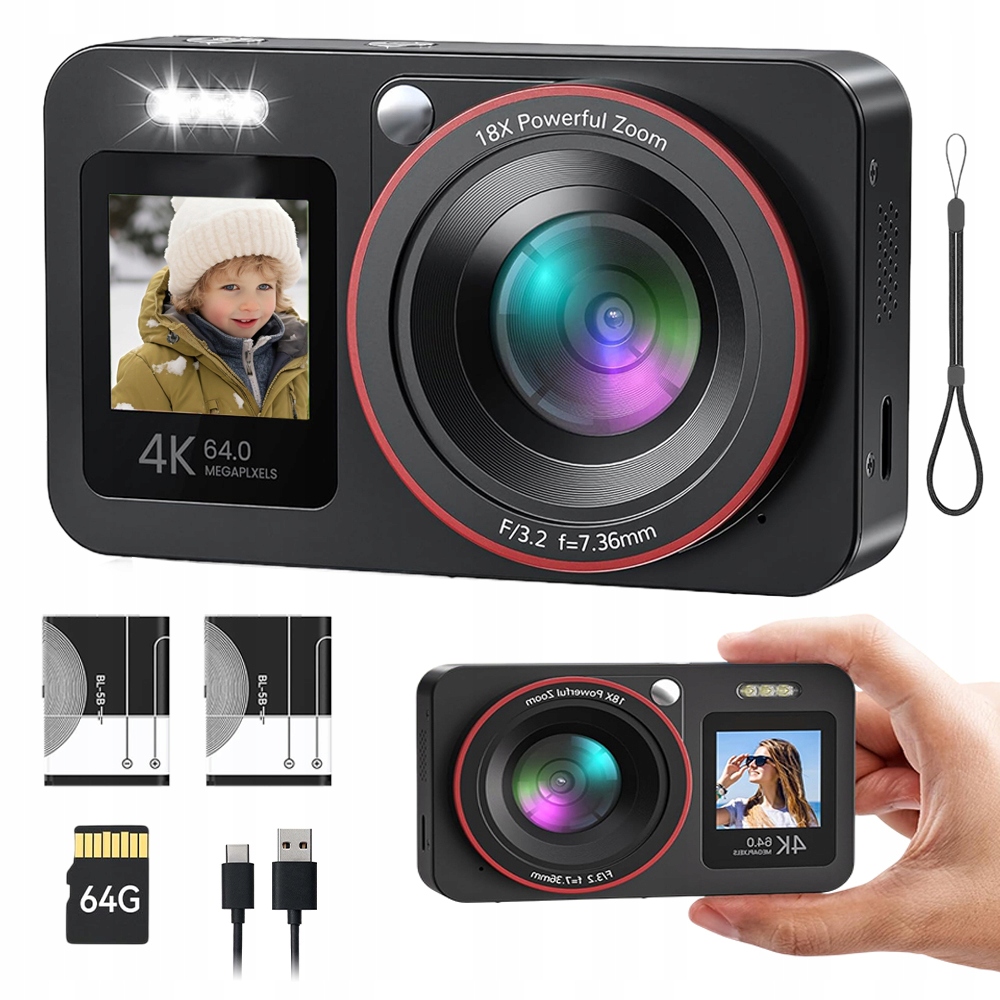 Digitální Fotoaparát S Funkcí Selfie A Zoomem 18X 64 Mp Karta 64 Gb
