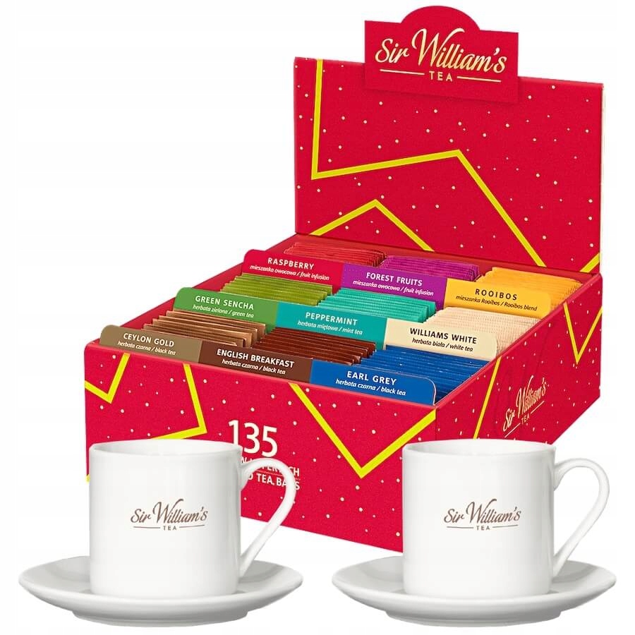 Sir William's Tea 135 herbat 9 smaków i 2 kubki 220 ml ze spodkami