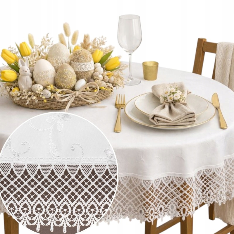 Ubrus na Oválný Velikonoční stůl Bílý Hladký s krajkou 150X260