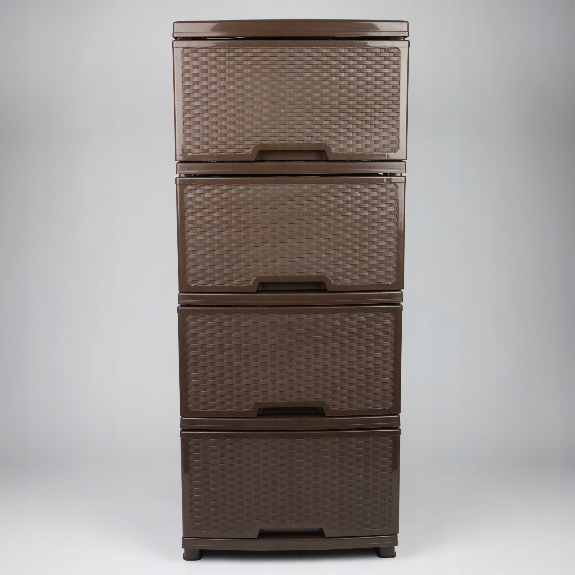 REGAŁ ŁAZIENKOWY BRĄZOWA KOMODA STOJAK SŁUPEK SZAFKA Z 4 KOSZAMI RATTAN