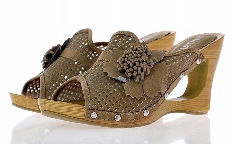 KLAPKI BEŻOWE AŻUROWE FANTAZYJNY KOTURN 4985 r. 40 Stan opakowania oryginalne