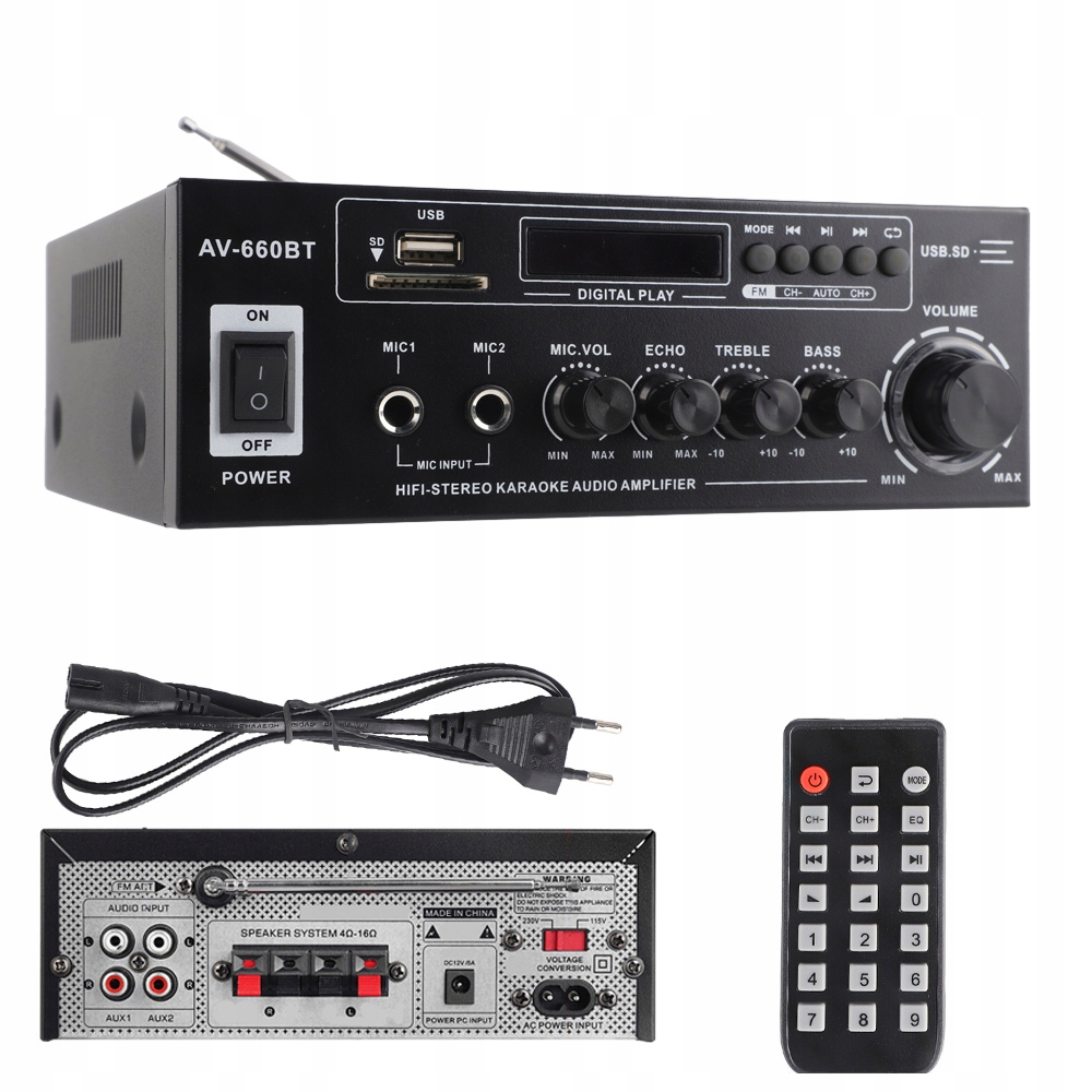 AV-660BT Zesilovač 3000W Bluetooth 5.0 Usb Sd Fm MP3 230V/12V S Dálkovým Ovladačem