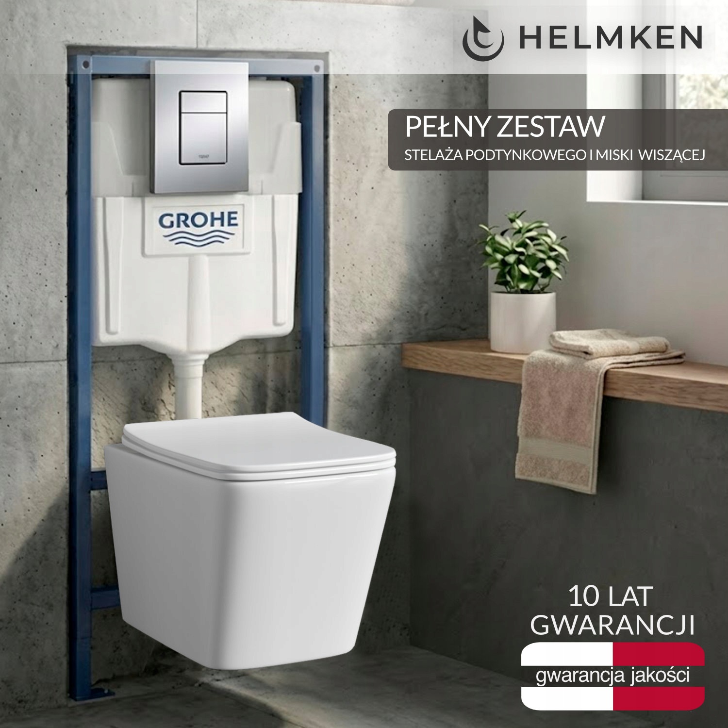 Zestaw podtynkowy Wc 4w1: Stelaż Grohe, Chrom Przycisk, Miska Helmken 35120